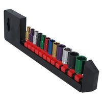 12pc Coloured 1/4" Dr Shallow Sockets 6 Point Hex Metric 4 - 13mm With Rail