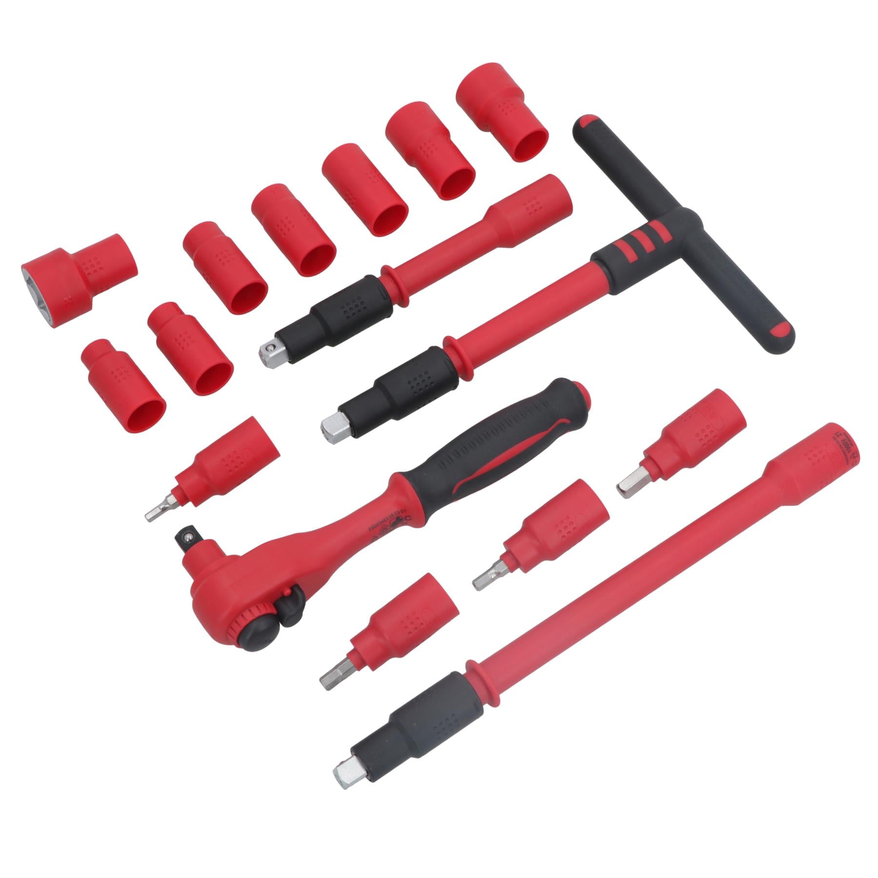 Coffret d'outils et d'accessoires pour douilles métriques isolées VDE à entraînement 3/8" 16 pièces hexagonales + barre en T