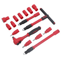 Coffret d'outils et d'accessoires pour douilles métriques isolées VDE à entraînement 3/8" 16 pièces hexagonales + barre en T