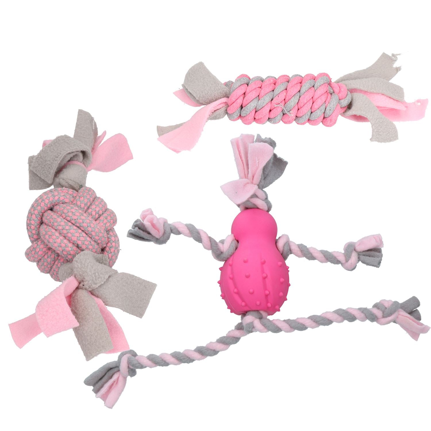3 Pink Small Dog Puppy Fleecy Rope Play Toy Bundle Great For Teeth & Gums