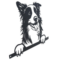 Schwarze Metall-Silhouette eines guckenden Collies mit Befestigungsplatte, Gartenfigur, Geschenk