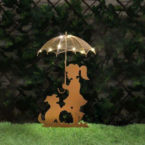 Solar Powered Rustic Girl & Dog with LED Umbrella Garden Decoration Light