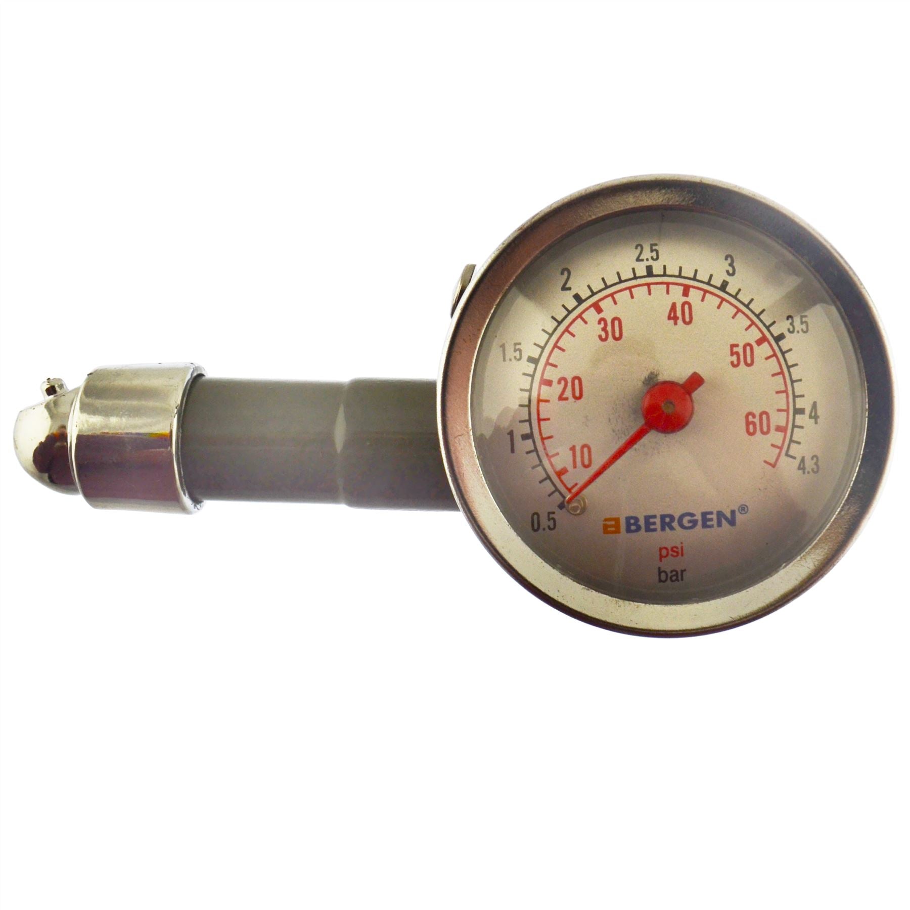 Tyre Pressure Gauge With Dial Push On Air Release 0 - 60 PSI 0 - 4.3 BAR Bergen
