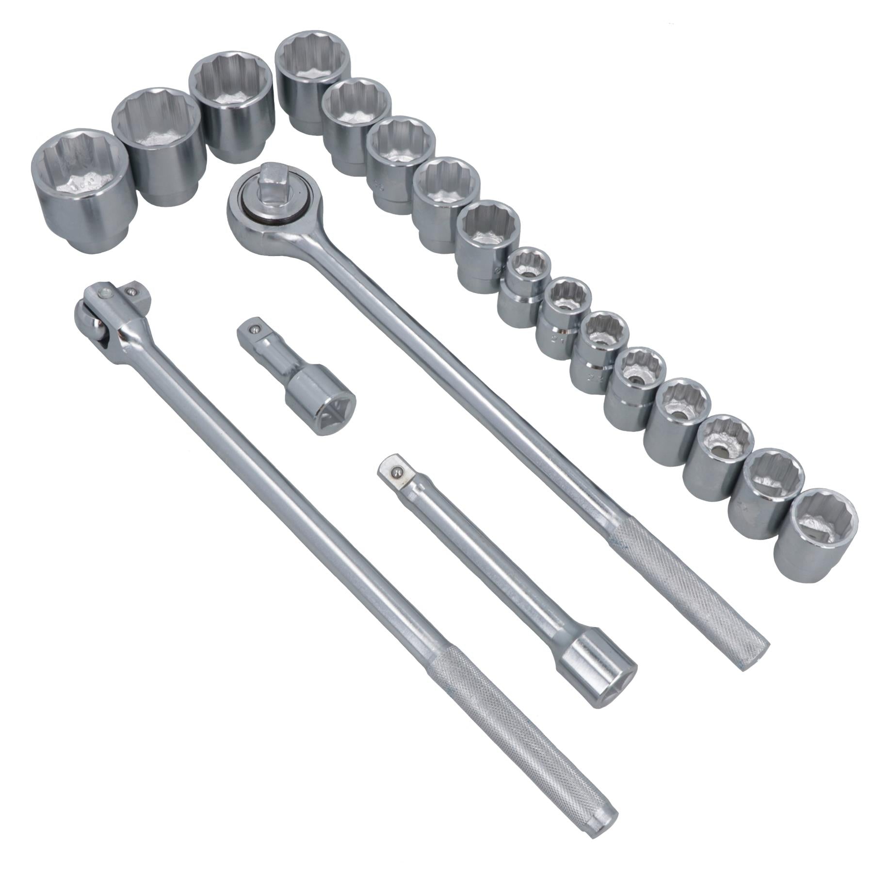 3/4" Socket Set Metric Sizes 21pcs 19mm to 50mm Extension Ratchet 12 Sided TE177