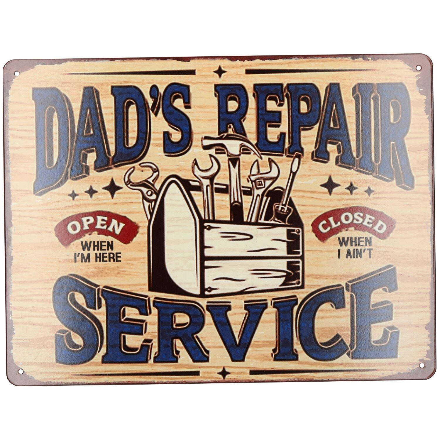 Metallschild zum Aufhängen „Dad's Repair Service“ für Zuhause/Schuppen, vorgestanzte Löcher, 25 x 33