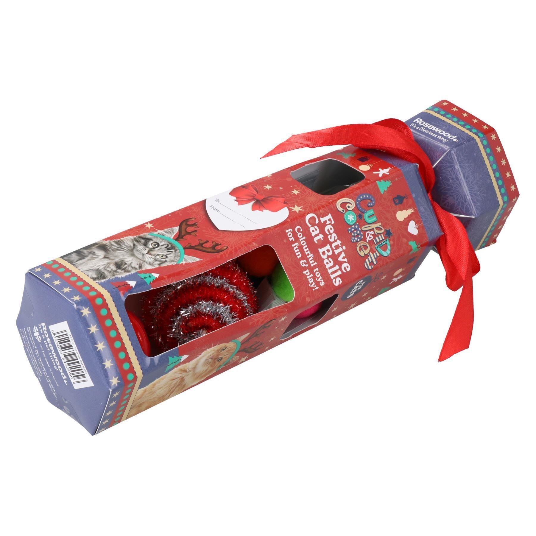 2pk Cat Kitten Festive Christmas Cracker Gift Contains 4 Different Textured Balls