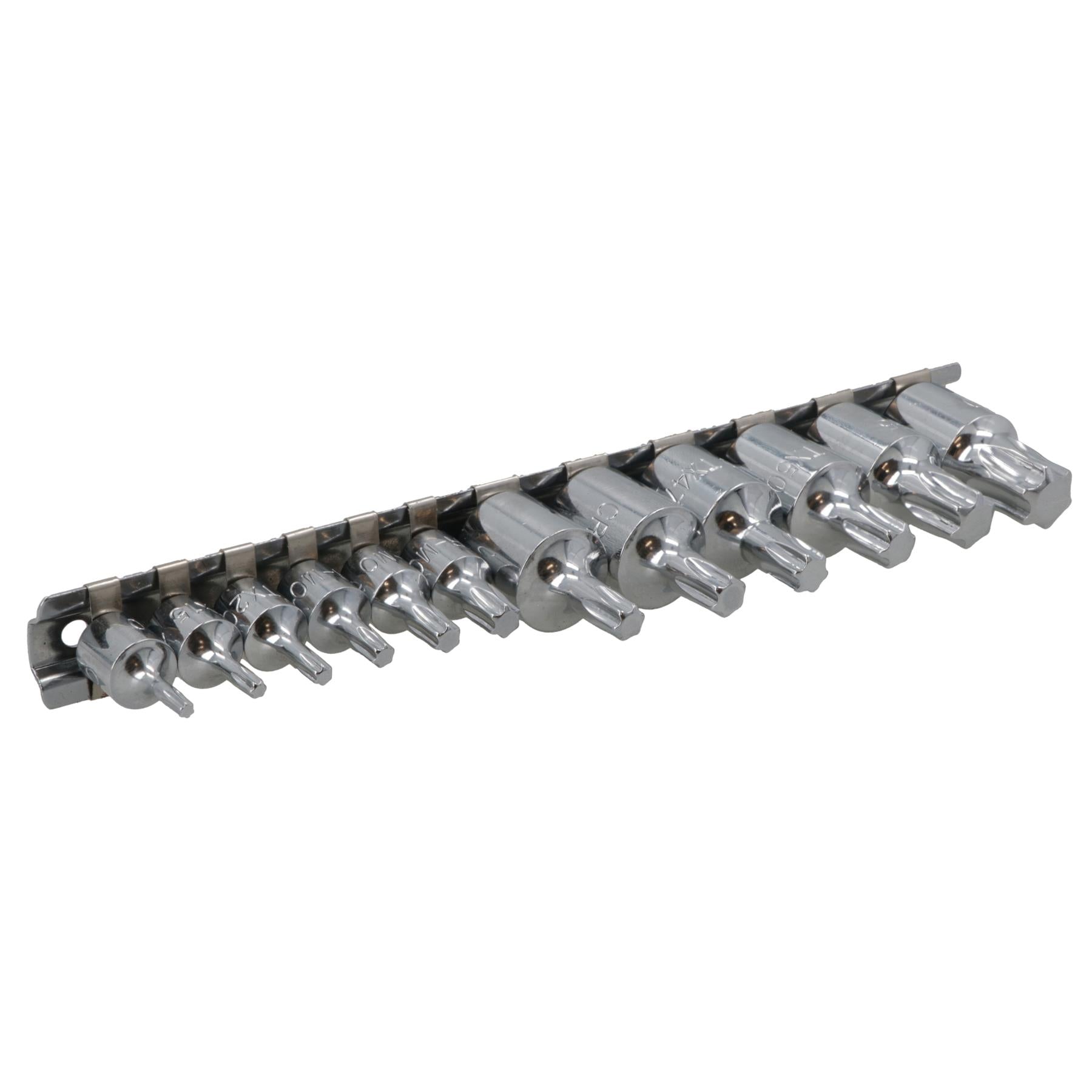 Jeu de 12 douilles mâles Torx Star Drive 1/4" et 3/8" T10 - T60 sur rail