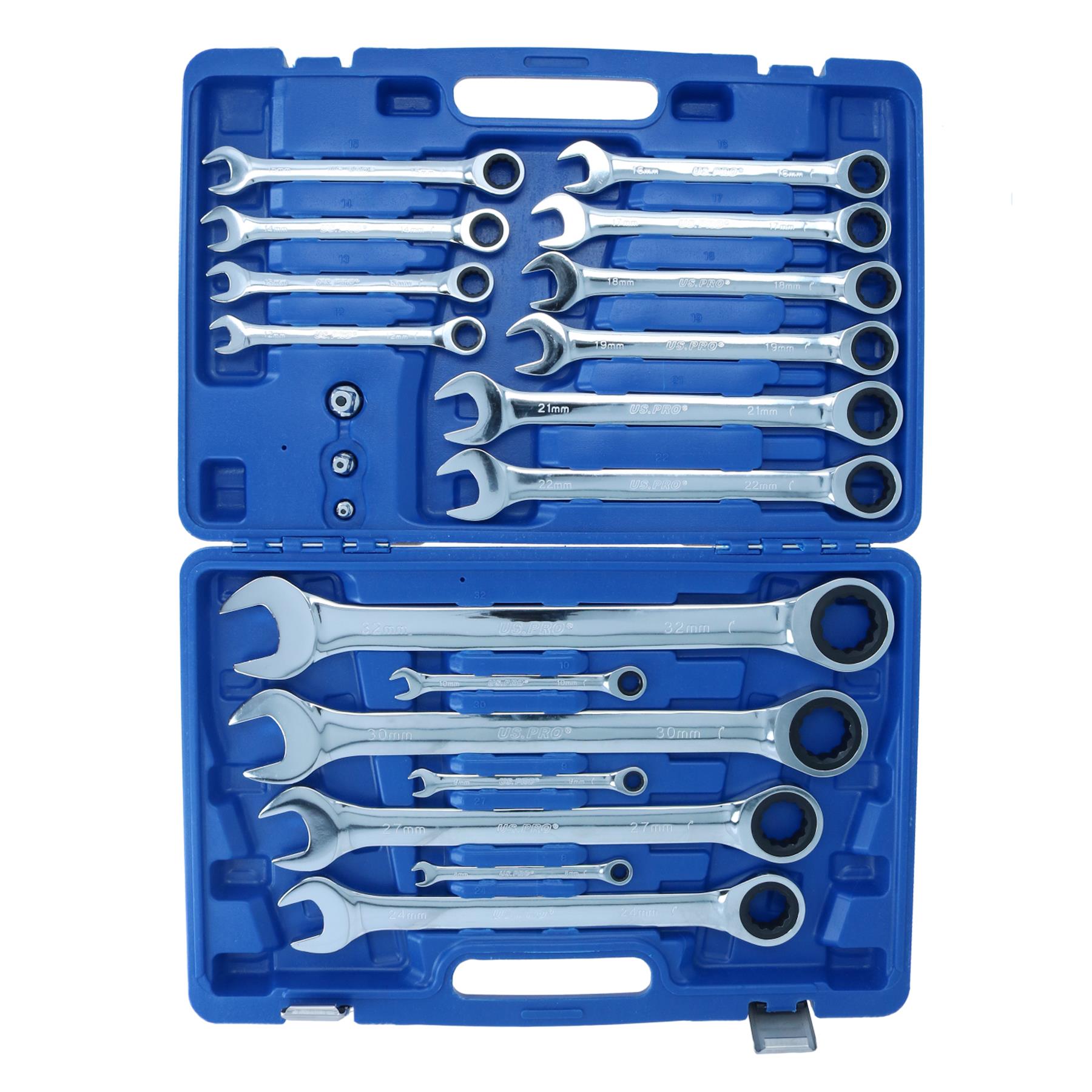 Jeu de clés mixtes à cliquet métriques MM 8 mm – 32 mm, 20 pièces + adaptateurs