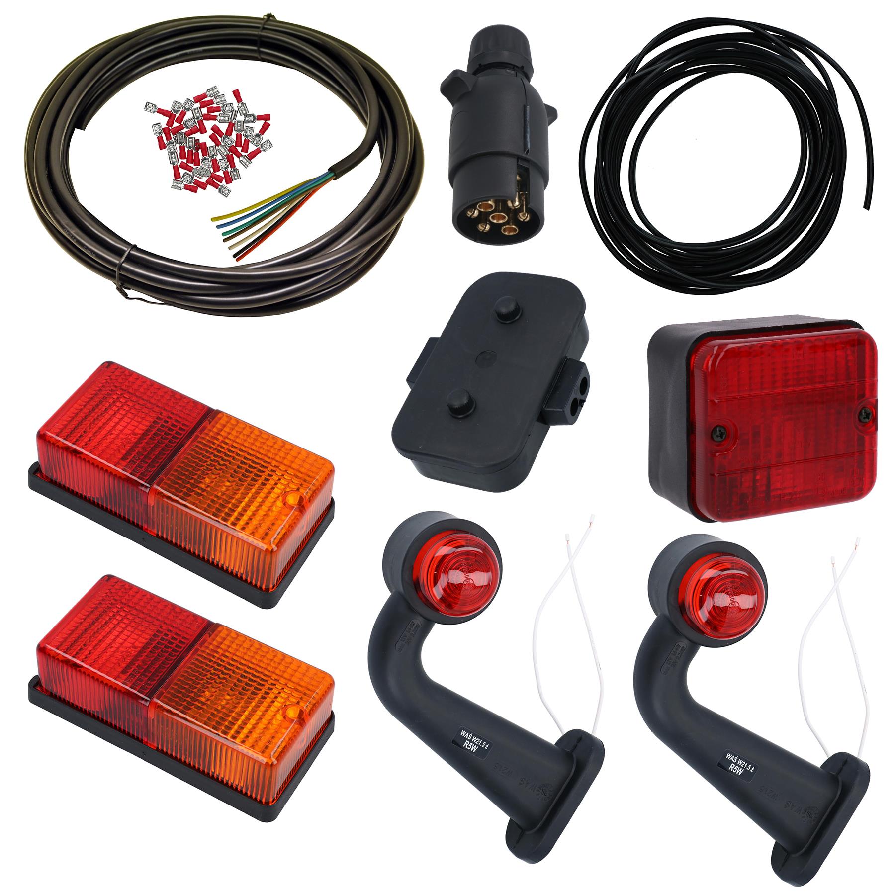 10 m Anhängerbeleuchtungs-Kabelsatz, Rücklichter, seitliche Frontmarkierungen, Stecker, Anschlussdose