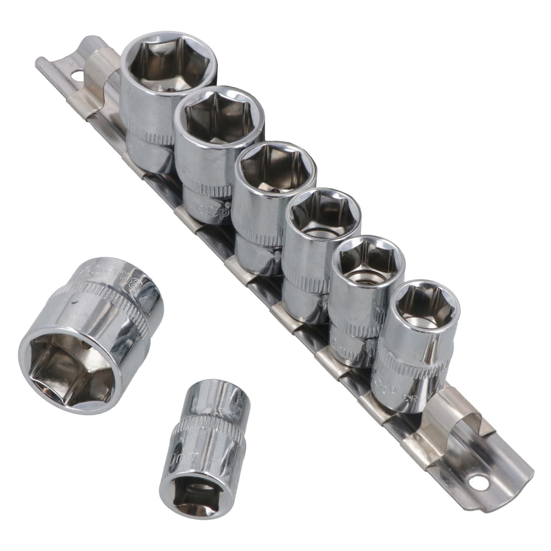 8pc 3/8" Drive Shallow Metric 6 Sided Single Hex Sockets 10mm - 19mm On Rail