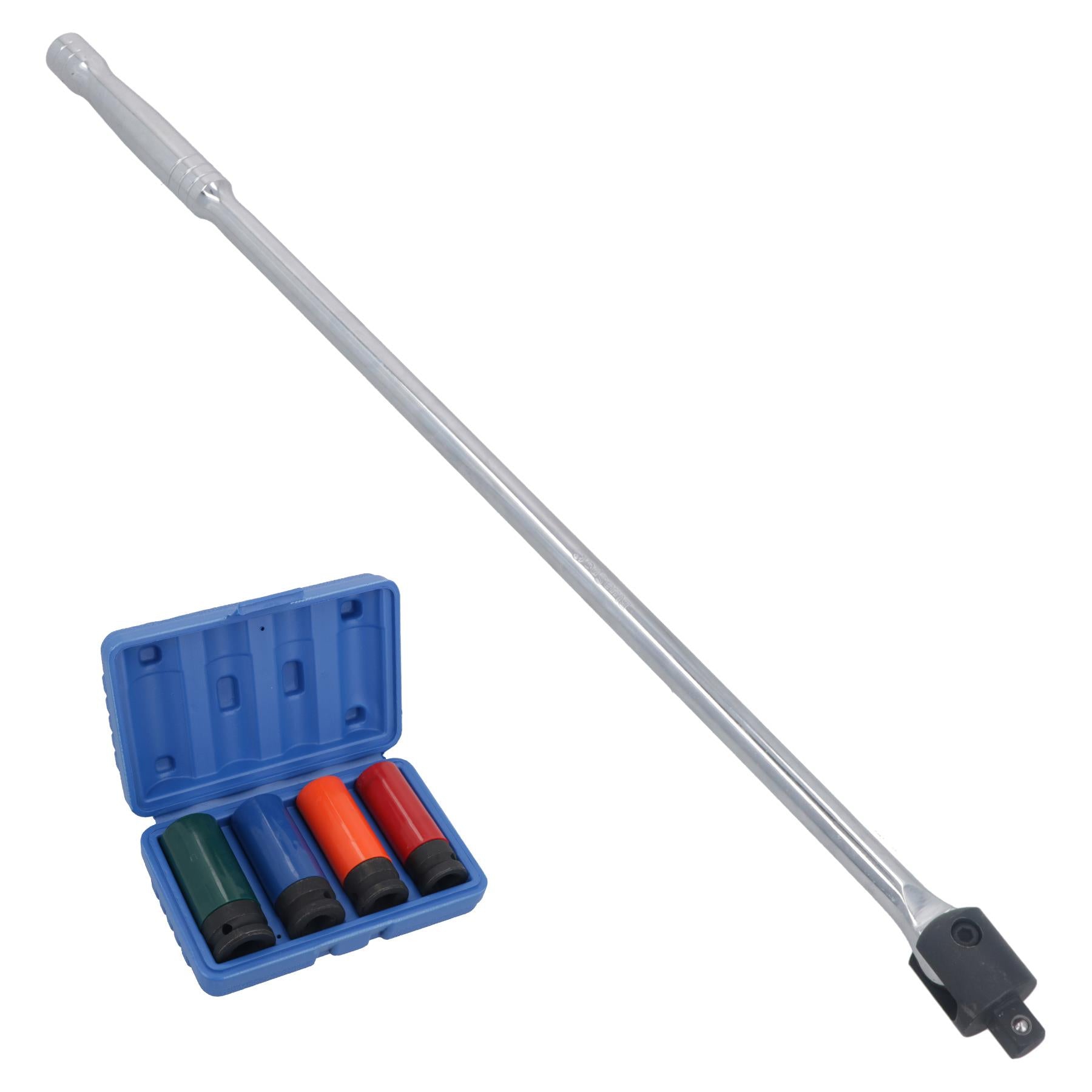 1/2" Drive Breaker Bar + 4pc Metric Alloy Wheel Nut Deep Sockets 17 – 22mm