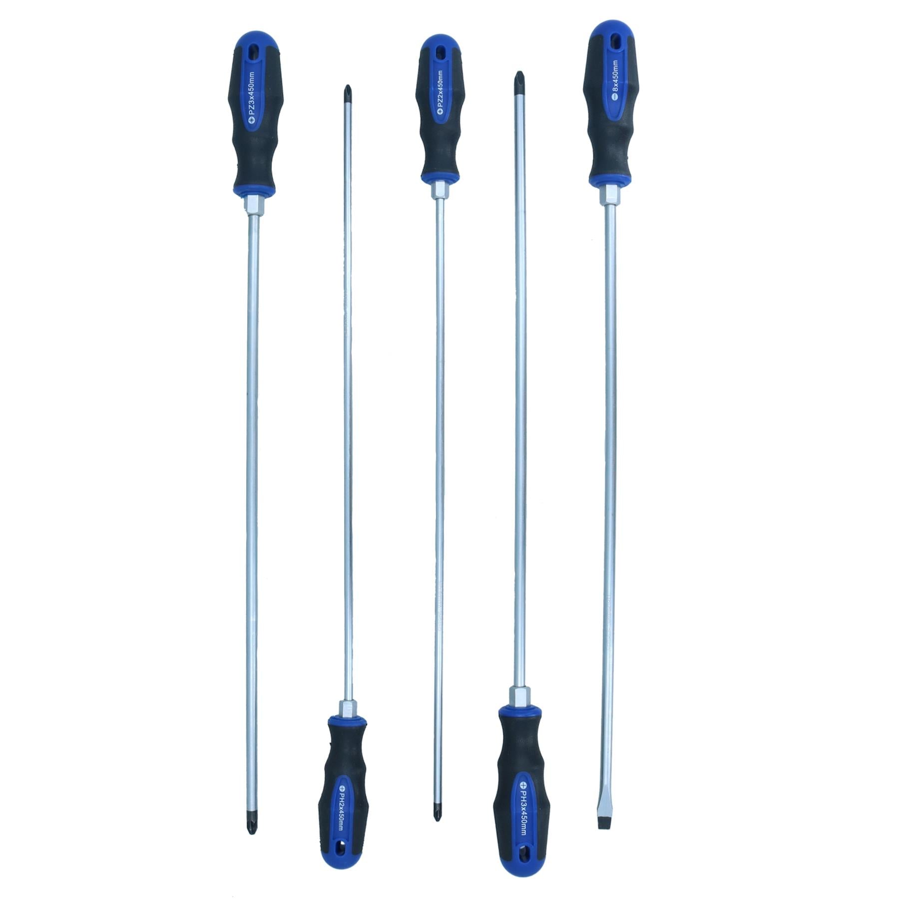5pc Extra Long Screwdriver Flat Slotted Pozi Phillips Headed Total Length 450mm