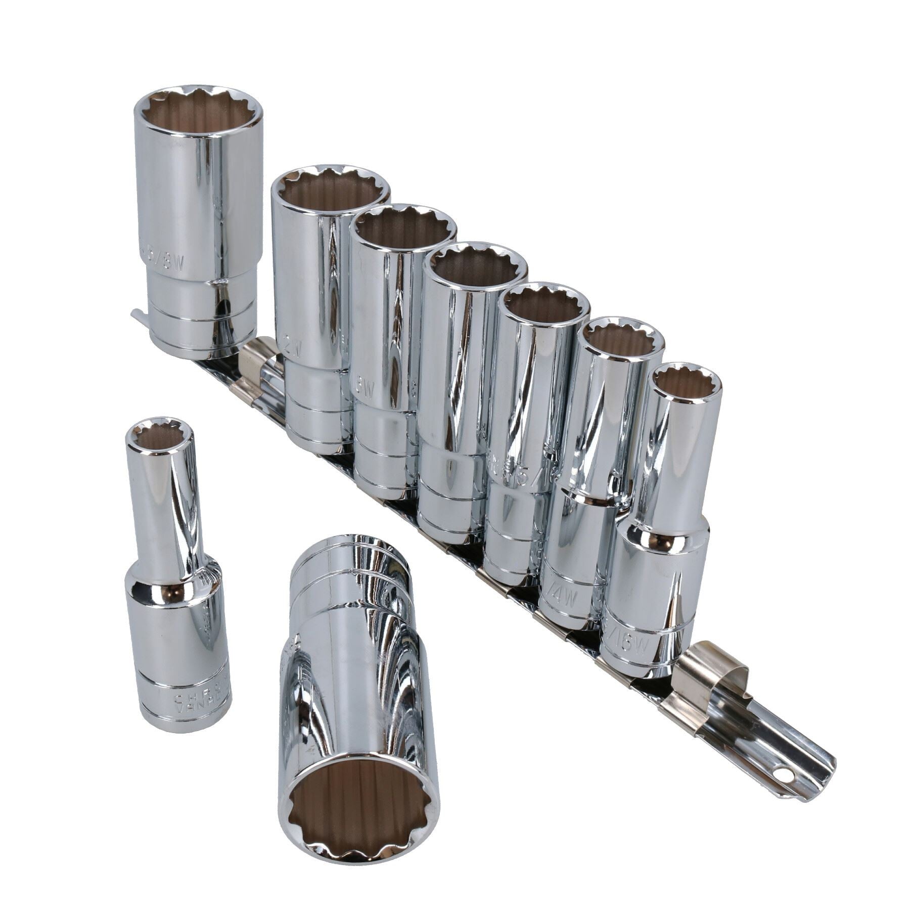 Clé à cliquet courbée à entraînement 1/2" 72 dents + 9 douilles profondes Whitworth 1/8" – 5/8"