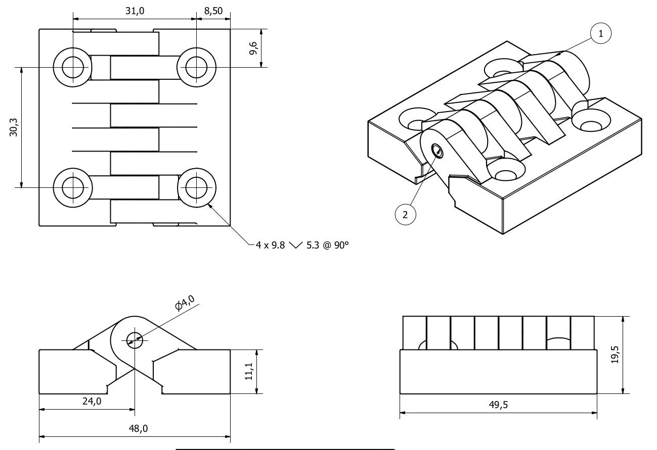 Charnière en polyamide noir renforcé de plastique 48x49 mm Fabrication italienne Qualité industrielle