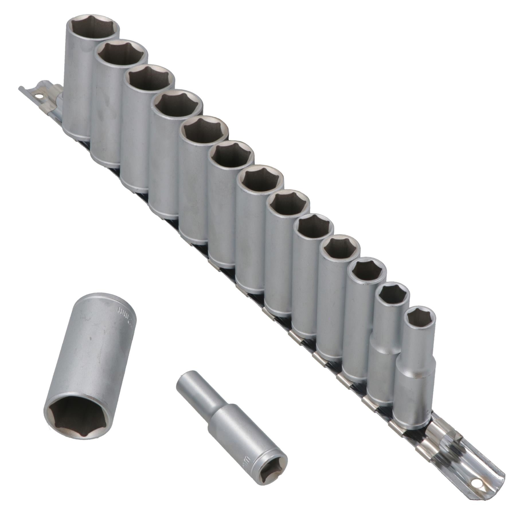 Douilles CRV profondes sur rail 15 pièces 3/8" 8-22 mm hexagonales 6 pans métriques TE917