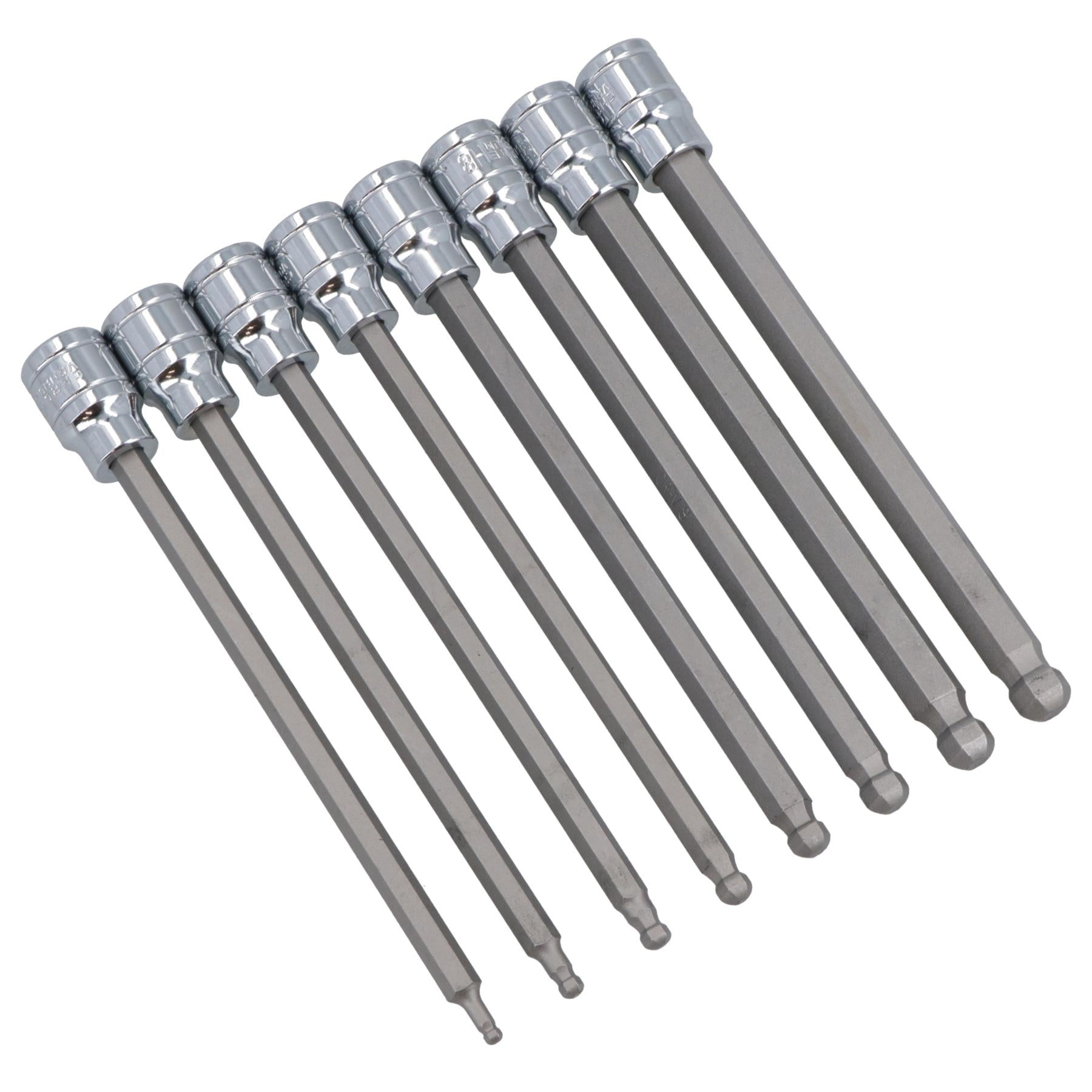 3/8 Zoll Antrieb, metrisch, extra lang, Inbusschlüssel, Kugelkopf-Steckschlüsseleinsätze, 3–10 mm, 8 Stück