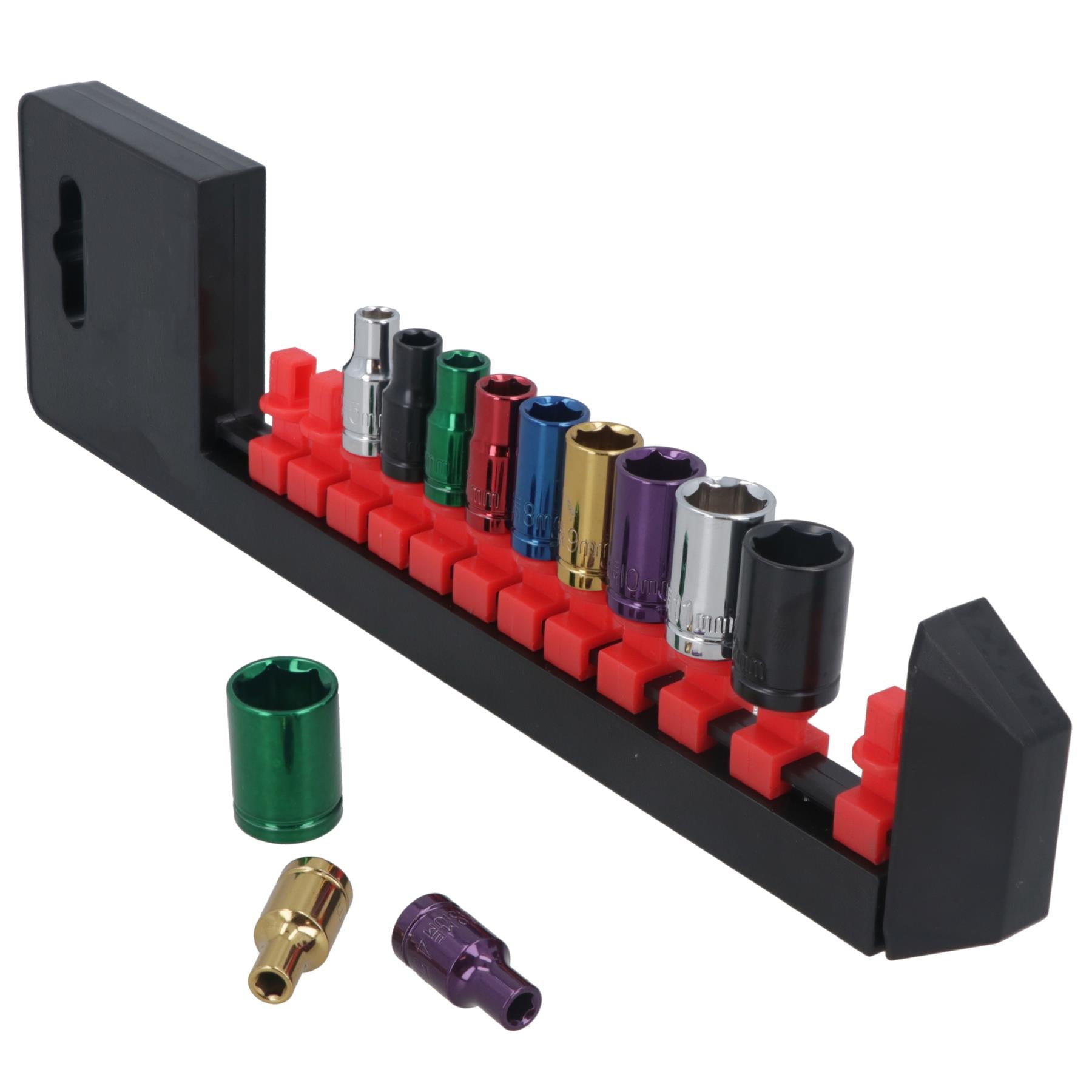 24pc Coloured 1/4" Dr Shallow & Deep Sockets 6 Point Hex Metric 4 - 13mm Rails