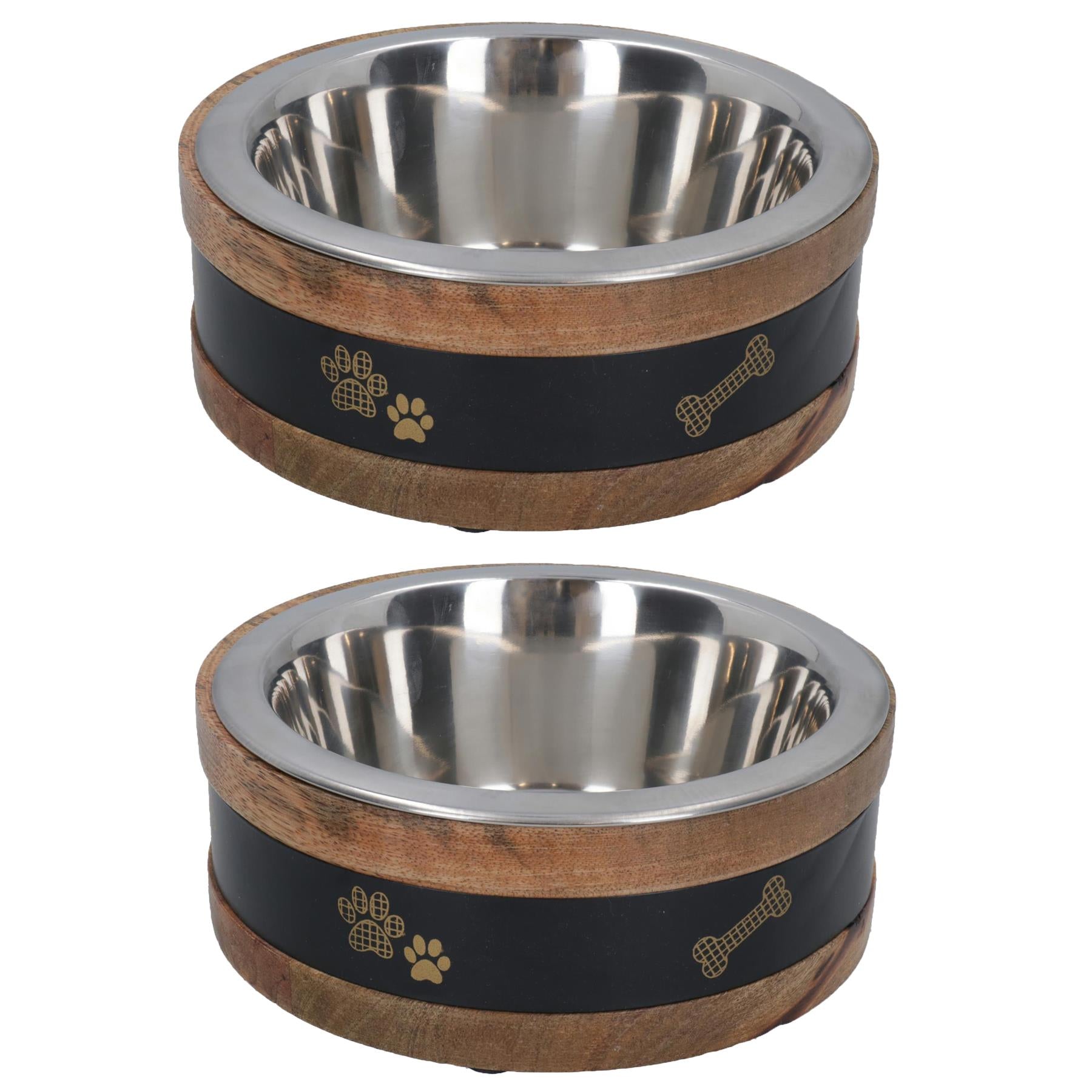 2 Medium Wooden Ring With Removal Metal Bowl Dog Puppy Food Water Dish