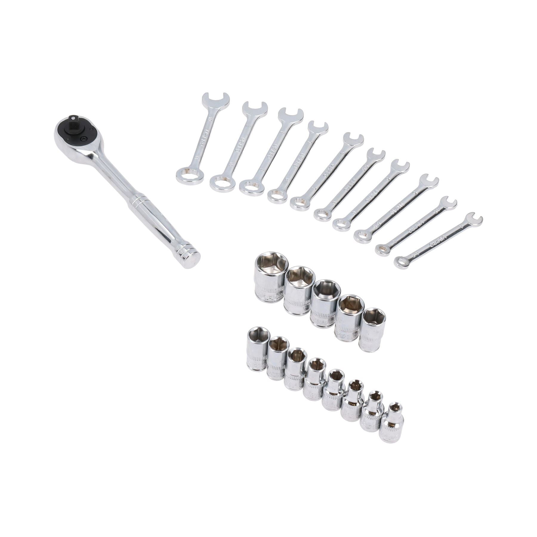 Metric 1/4in Drive Sockets 4 – 14mm + 10pc Spanners 4 – 11mm + 1/4in Ratchet
