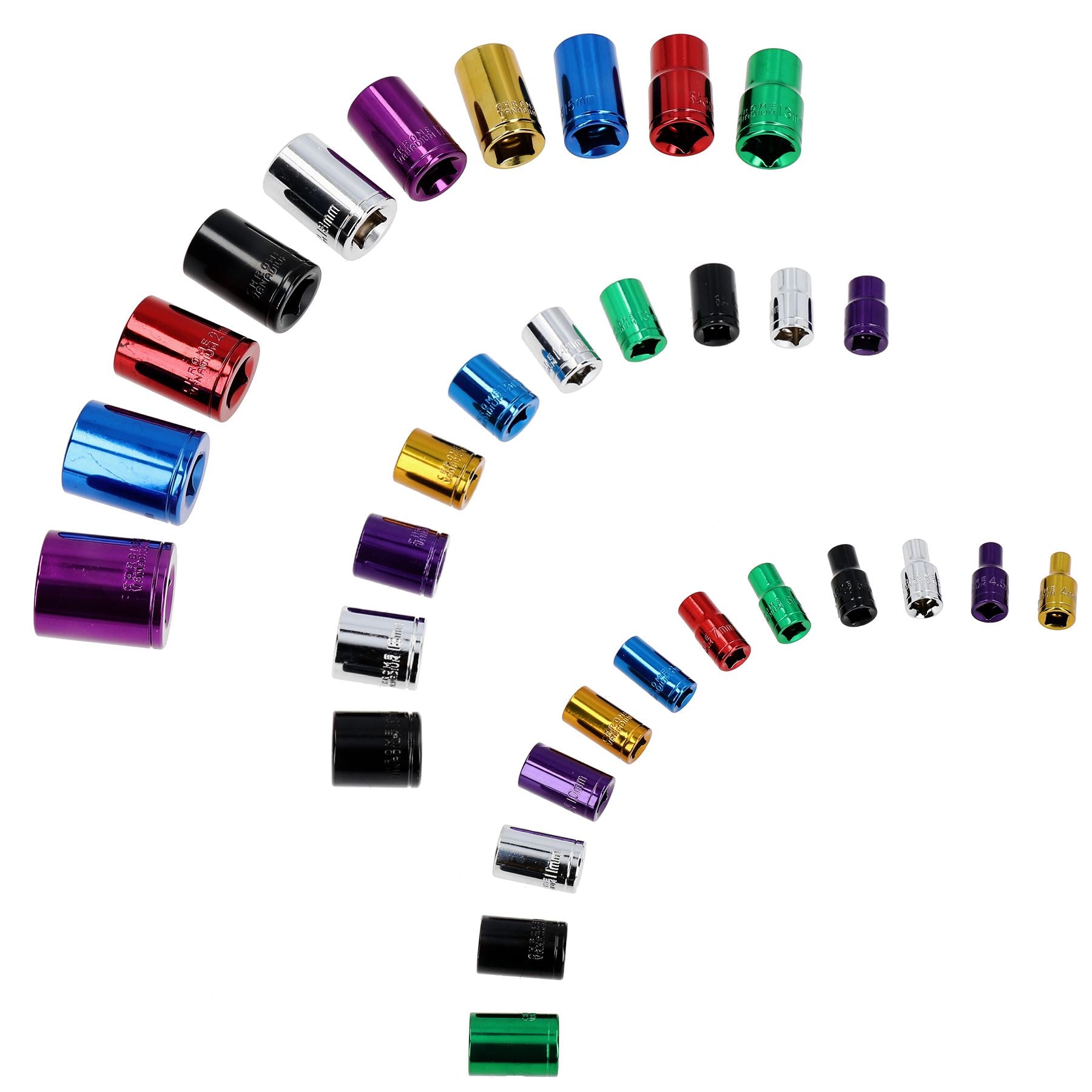 Douilles mixtes métriques 1/4” 3/8” + 1/2" à code couleur peu profond 4 – 24 mm 32 pièces