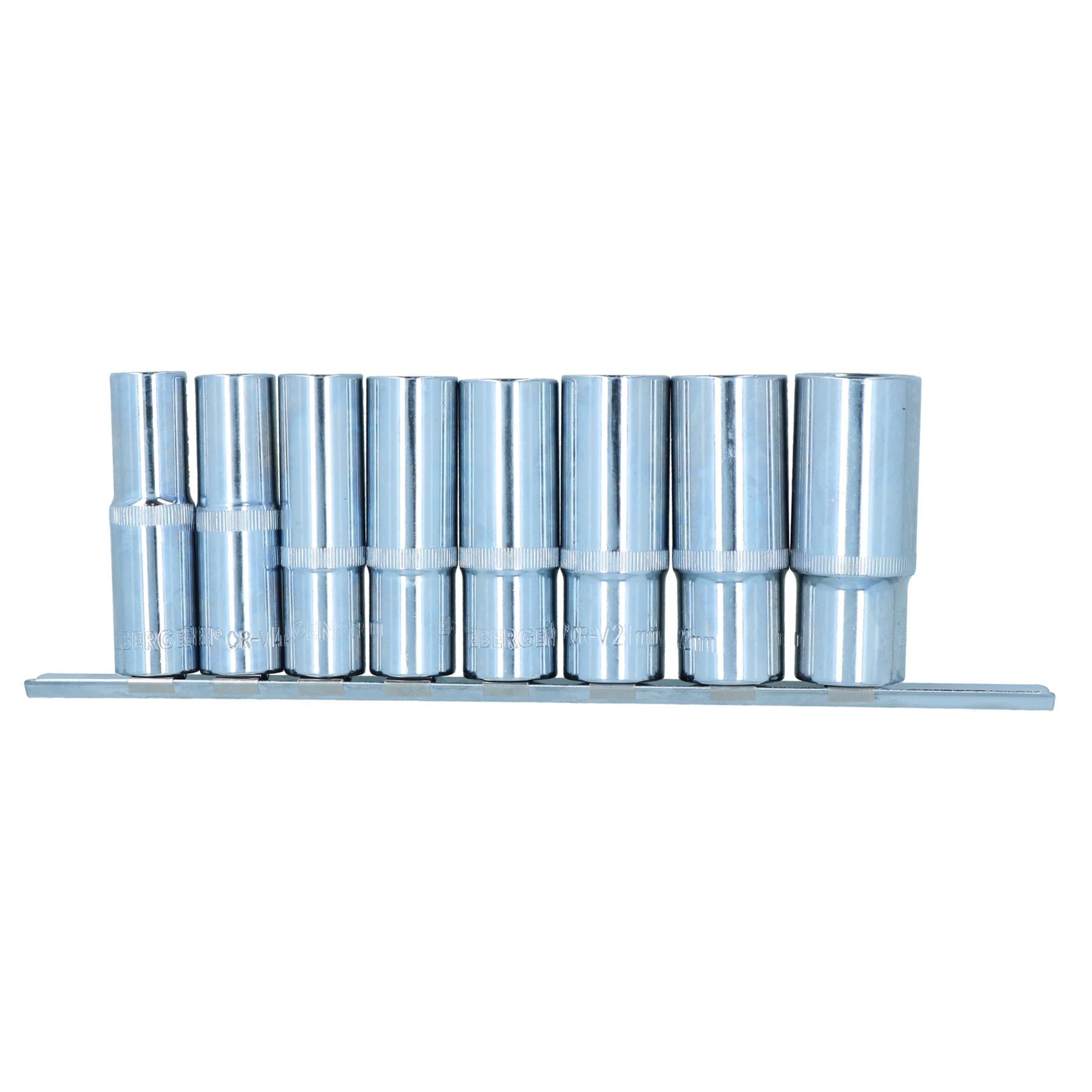 Douilles métriques profondes à entraînement 1/2" 13 mm - 24 mm 6 faces sur rail 8 pièces par Bergen AU054