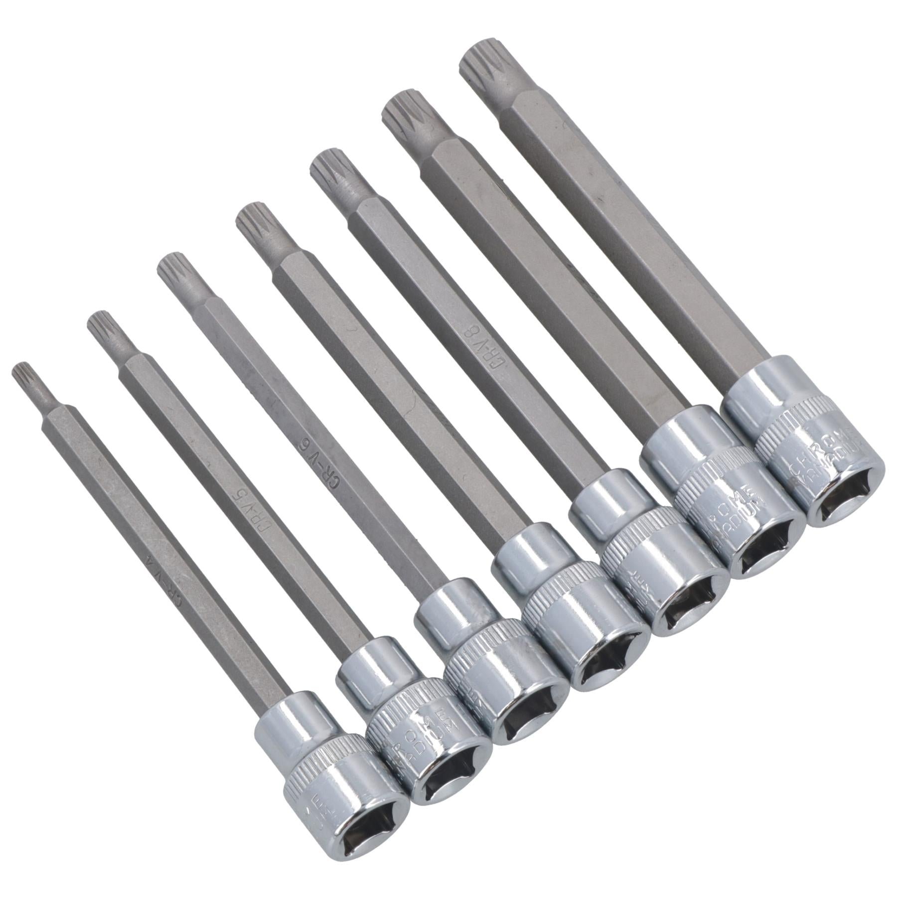 Douilles cannelées extra longues 3/8" 7 pièces M4 - M10 Longueur totale 110 mm