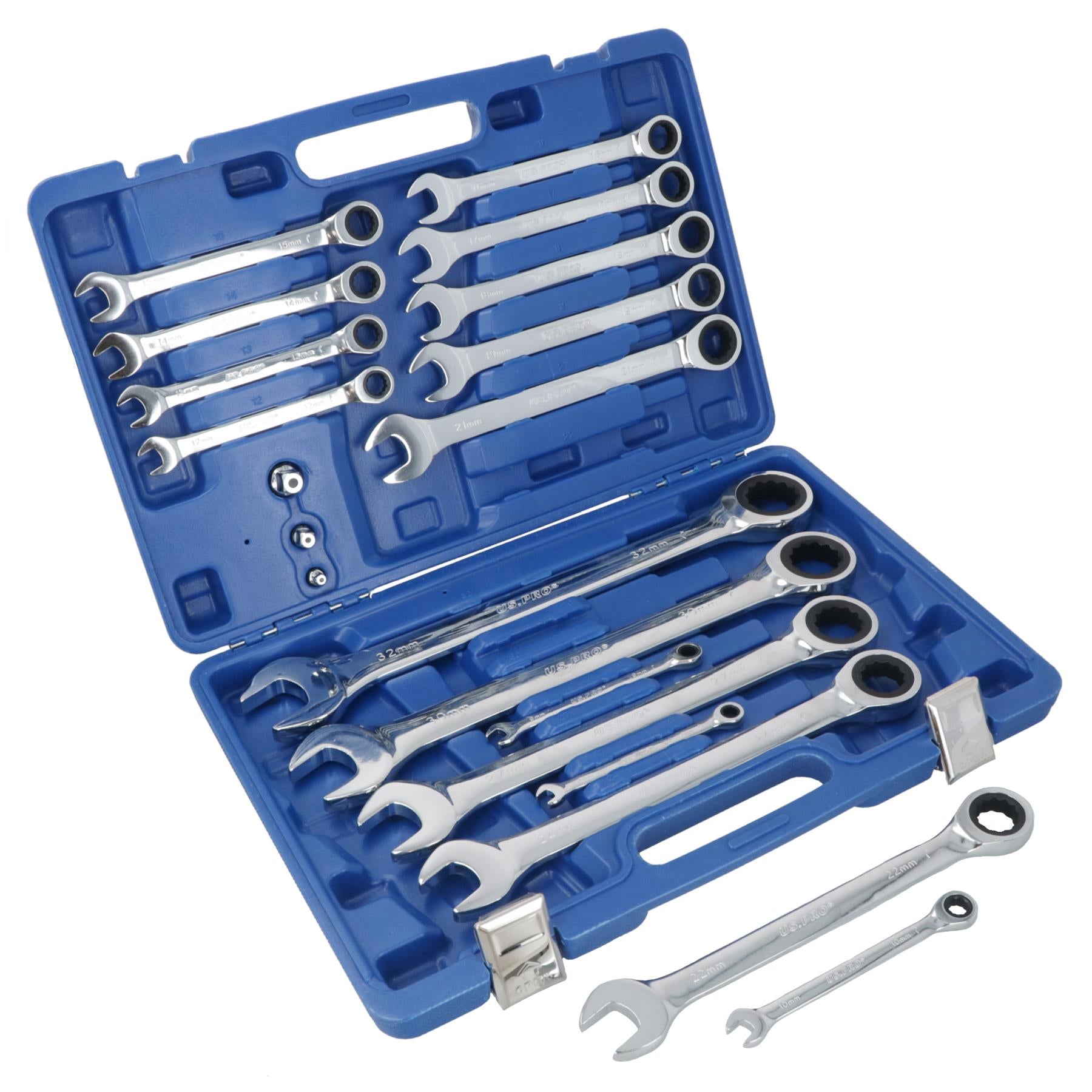 Jeu de clés mixtes à cliquet métriques MM 8 mm – 32 mm, 20 pièces + adaptateurs