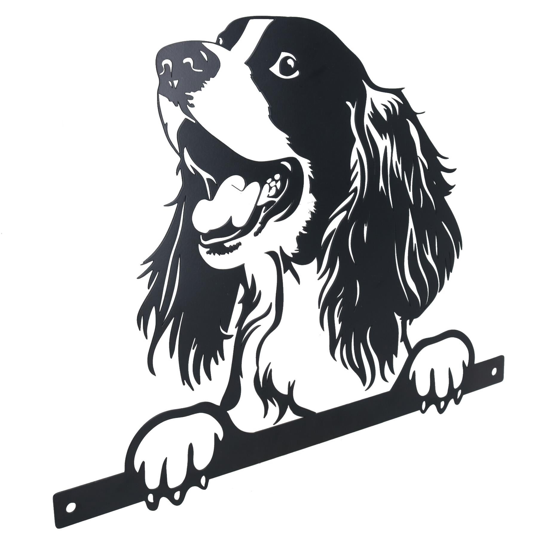 Schwarze Metall-Silhouette eines guckenden Spaniels mit Befestigungsplatte, Gartenfigur, Geschenk