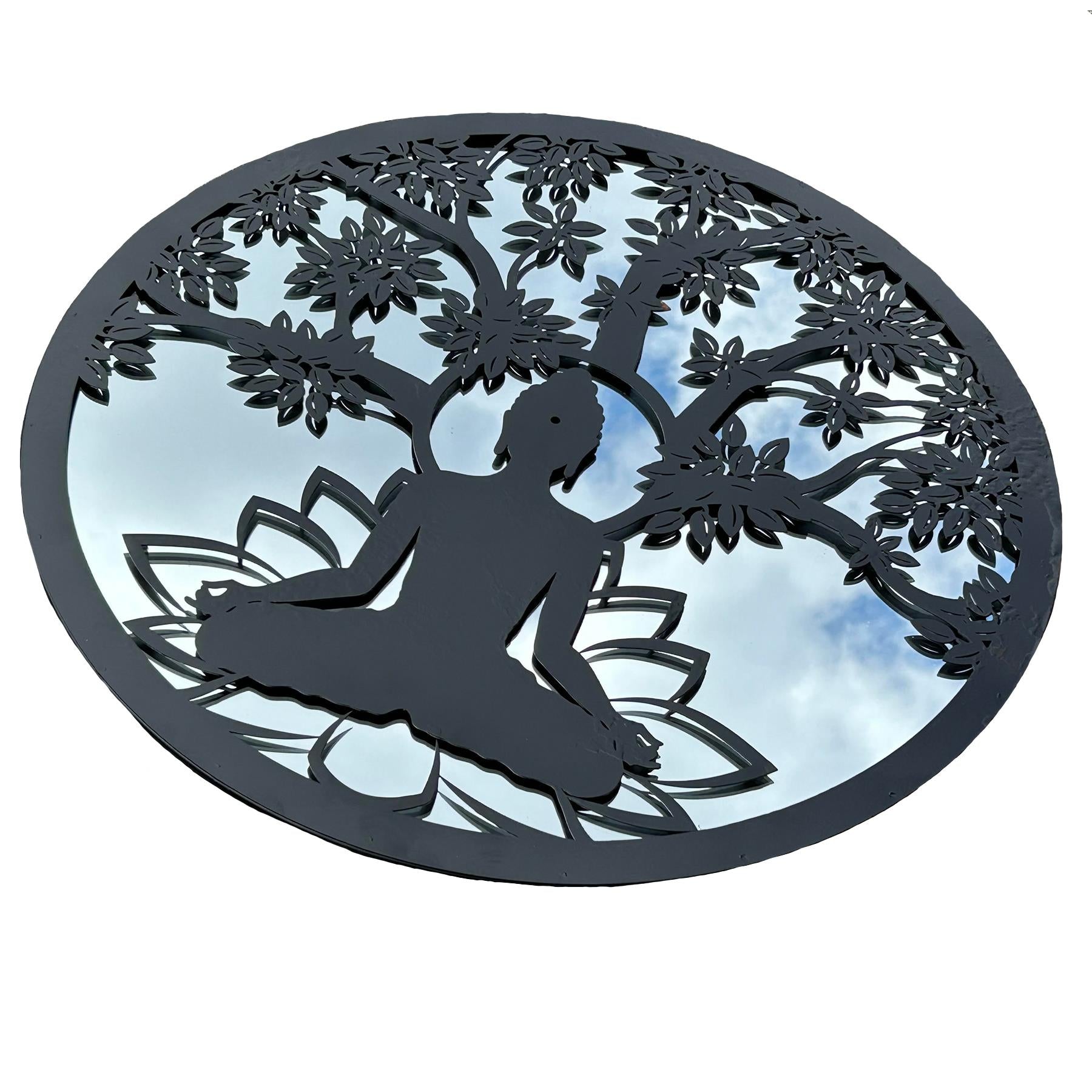 Black Metal Round Buddha Tree Mirror Wall Art Garden Home Gift