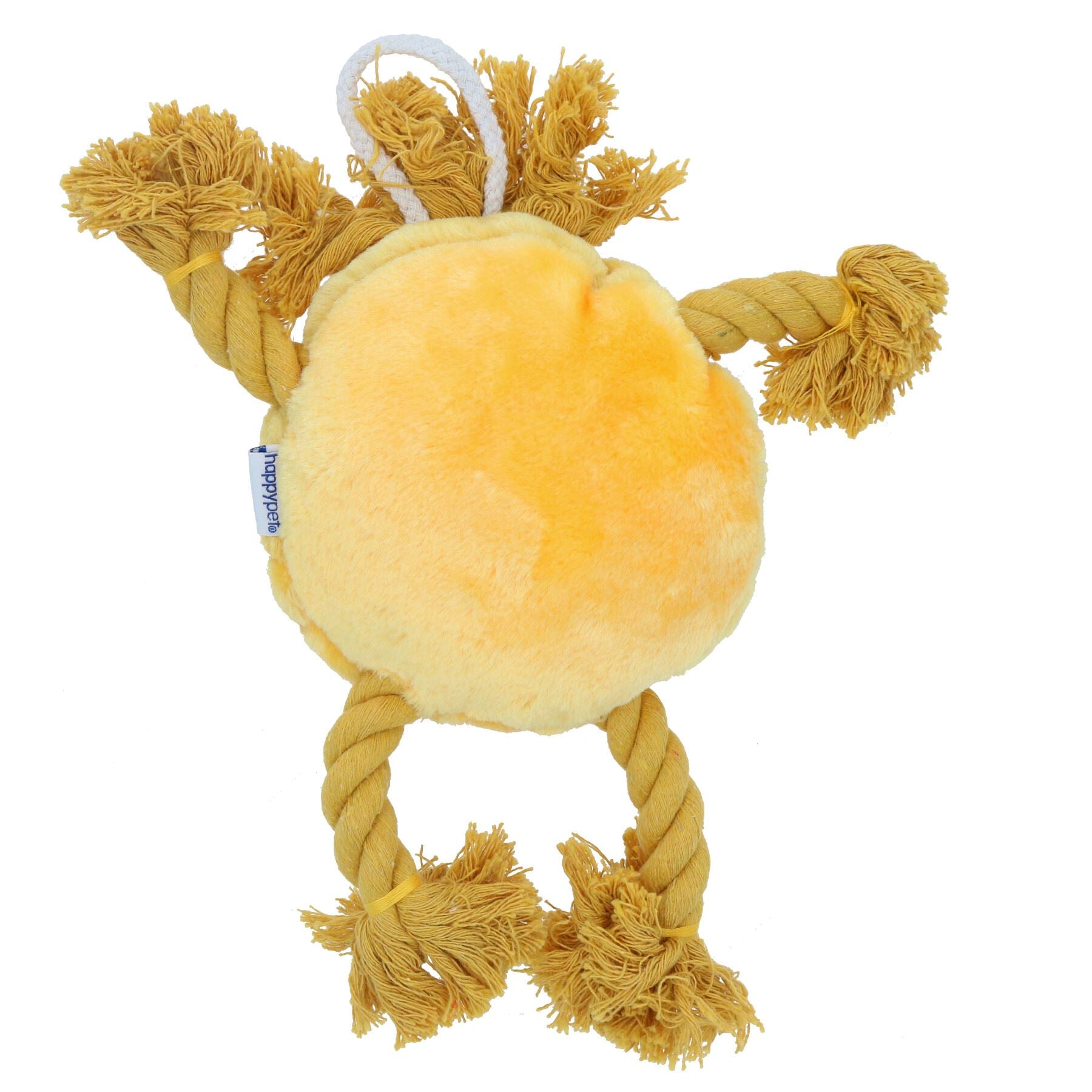Plush Soft Yellow Happy Face Dog Play Toy With Squeak & Rope Arms.