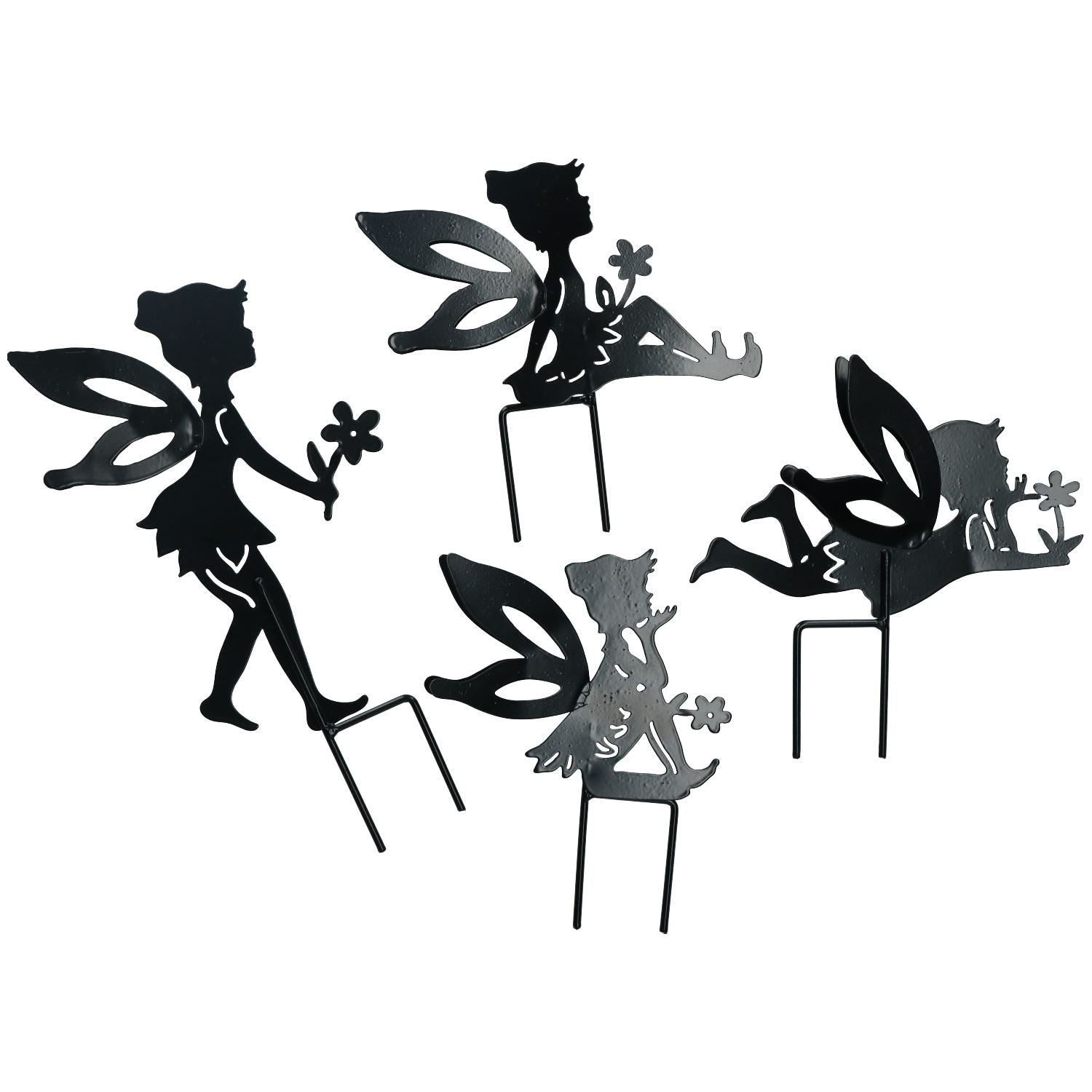 Lot de 4 petites silhouettes de fées noires avec piquet pour décoration de jardin