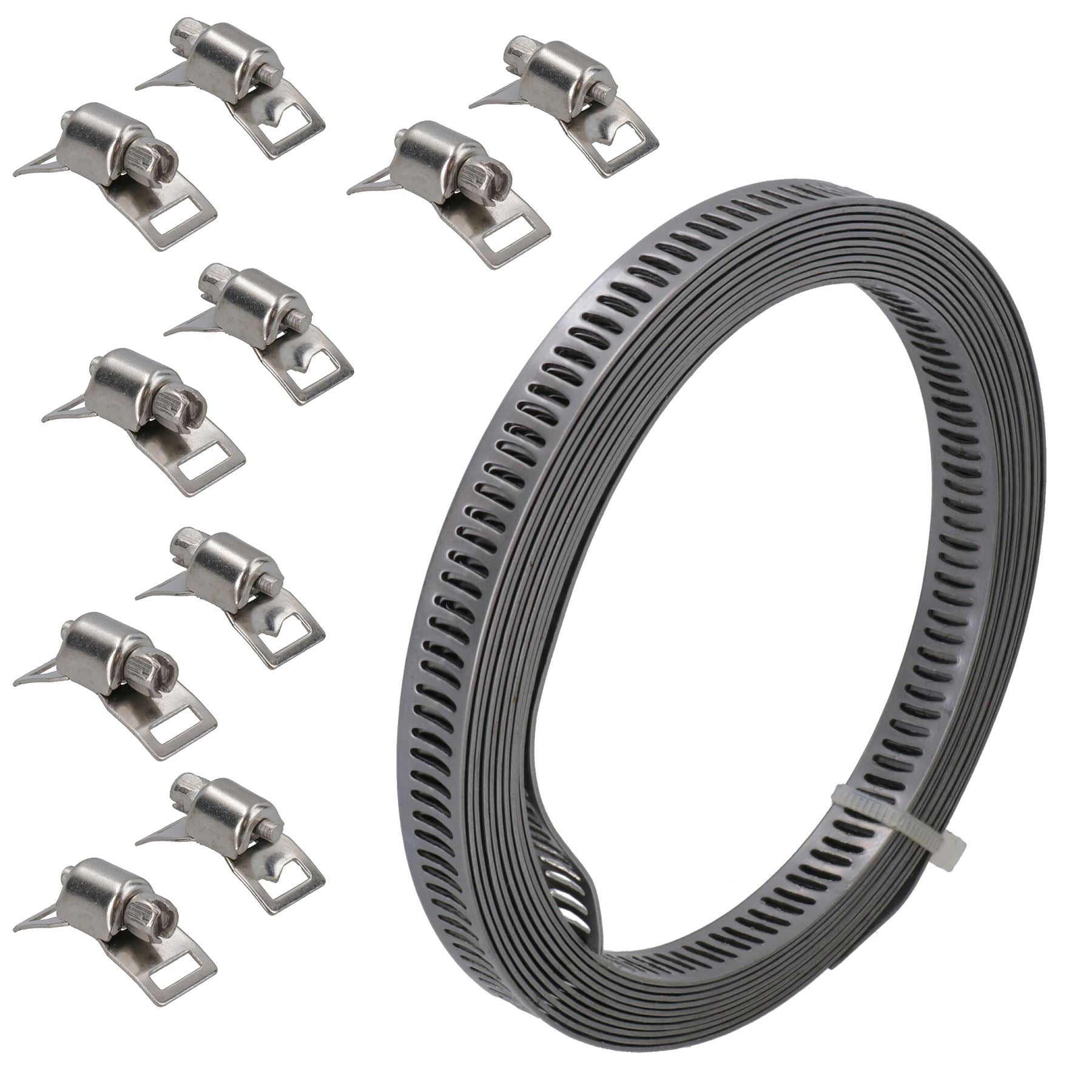 Cut To Size Stainless Steel Hose Clamp Set 2.5mtr Long With 8 Tensioning Clips