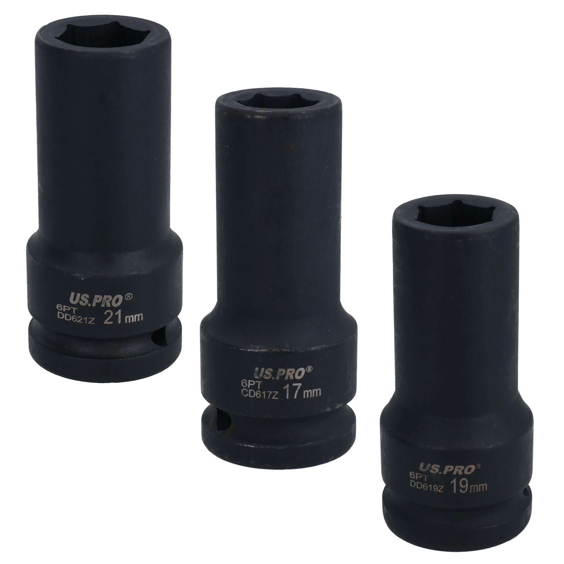 3/4" Drive 17 19 21mm Deep Metric MM Impact Socket 6 Sided Single Hex 3pc