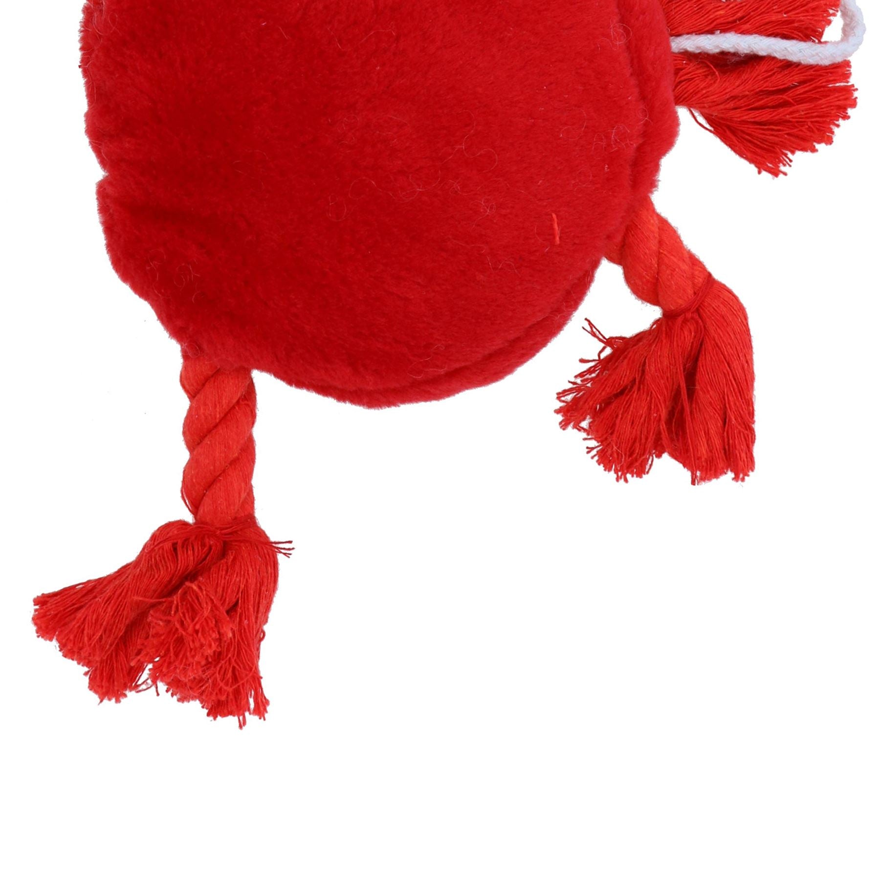 Jouet en peluche doux pour chien au visage heureux rouge avec couinement et bras en corde.