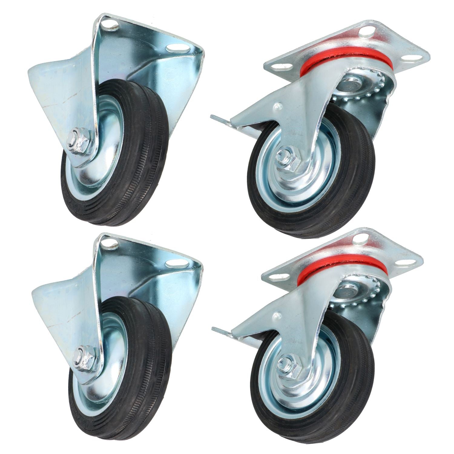 3” 75mm Fixed + Swivel Castors with Brakes Wheels Trolley Furniture 4 Pack