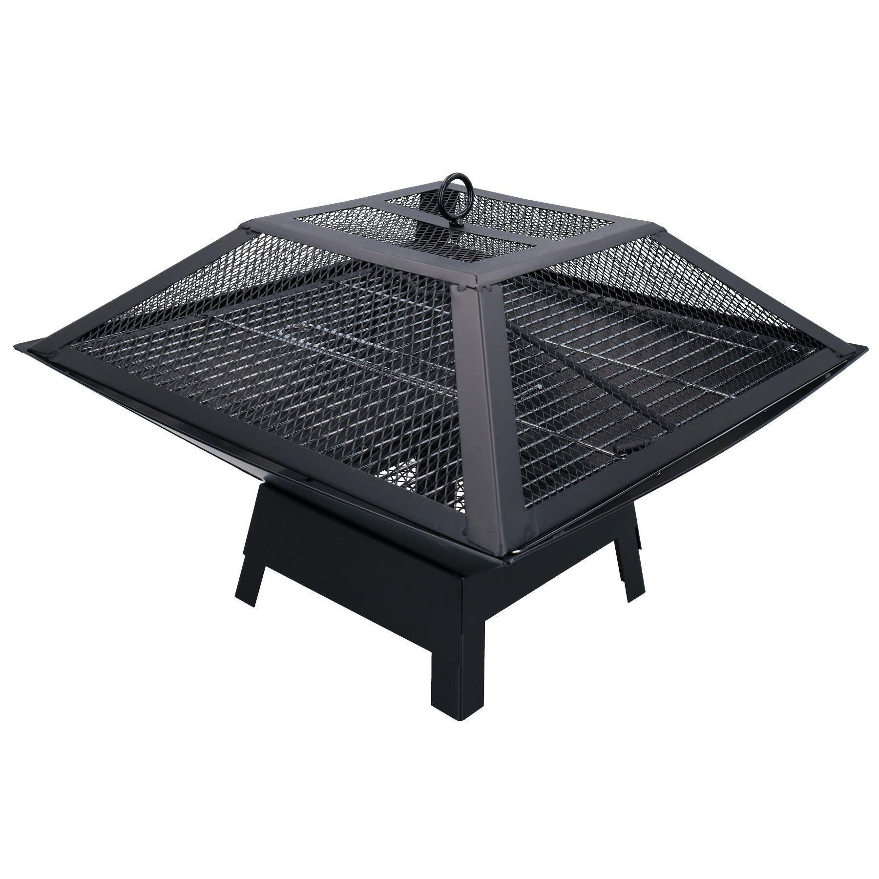 Outdoor Metal Garden Fire Pit Basket With BBQ Barbecue Grill + Safety Mesh