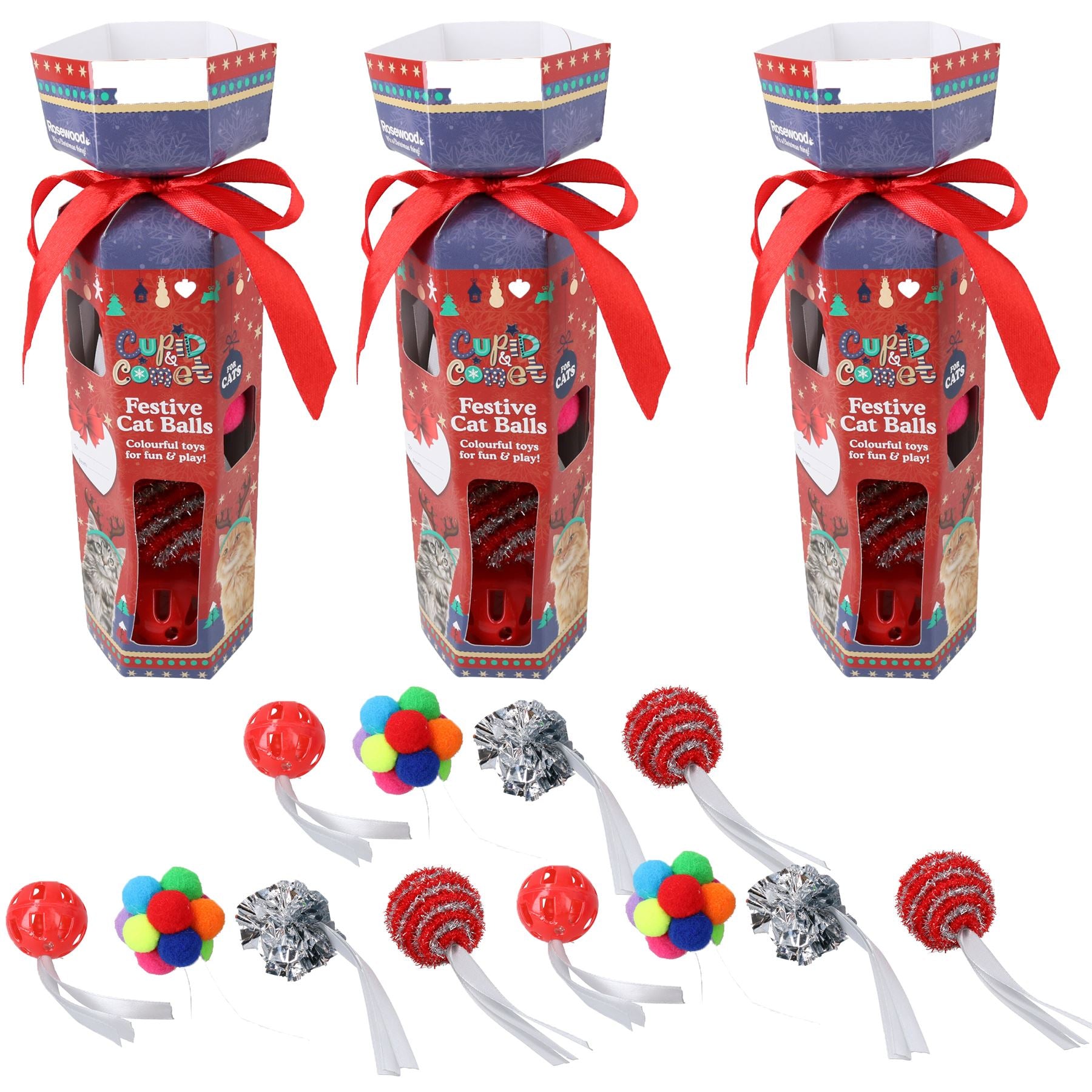 Lot de 3 crackers de Noël festifs pour chat et chaton, contenant 4 boules de textures différentes