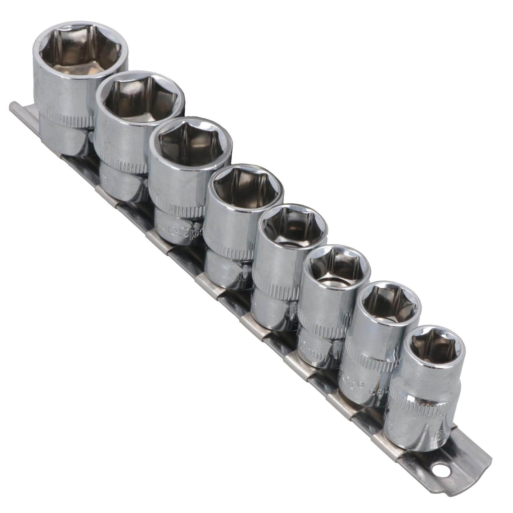 8pc 3/8" Drive Shallow Metric 6 Sided Single Hex Sockets 10mm - 19mm On Rail