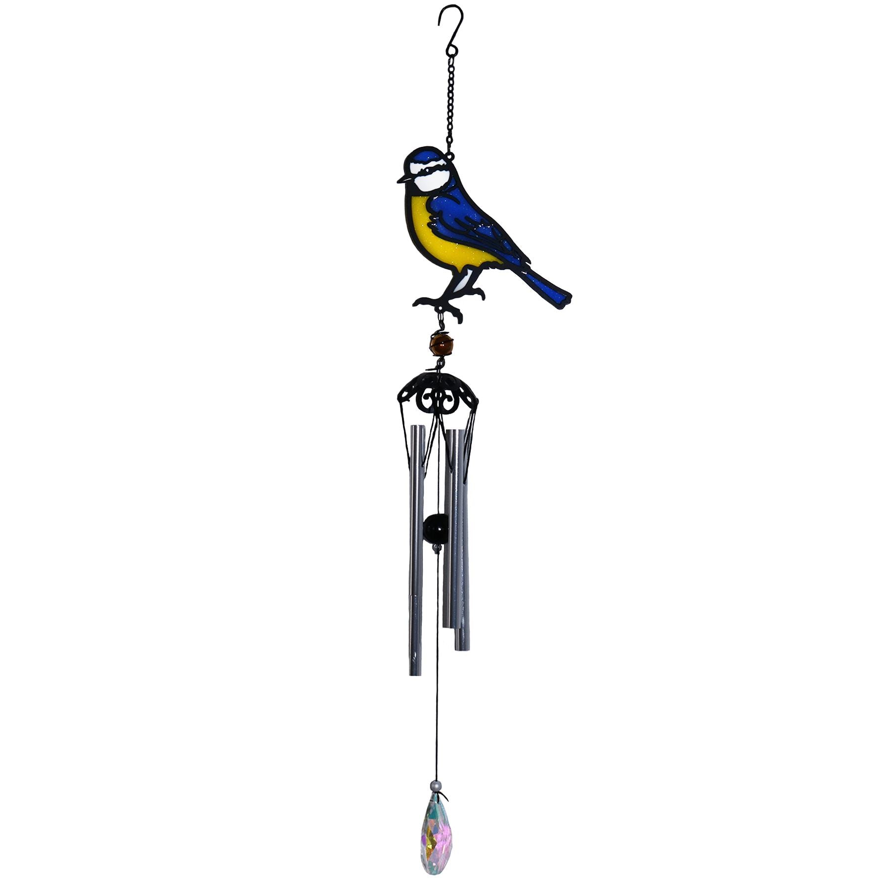 Stained Glass Effect Blue Tit Bird Wind Chime with Crystal Dropper Garden Decor