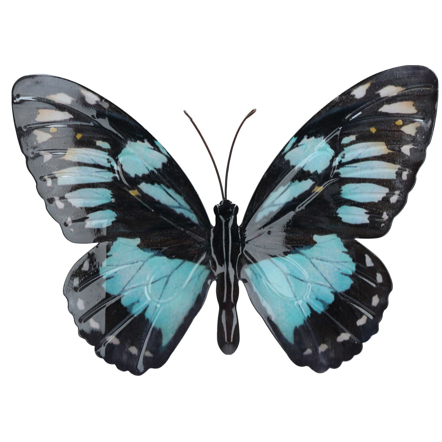 Décoration murale en métal cyan/bleu clair et noir représentant un papillon pour jardin ou maison 35 x 25 cm