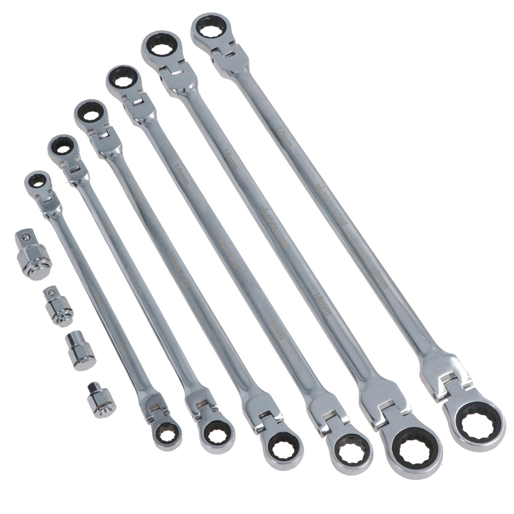Metric Flexi Headed Ratchet Spanners Wrench Set Extra Long 8mm - 9mm 10pc