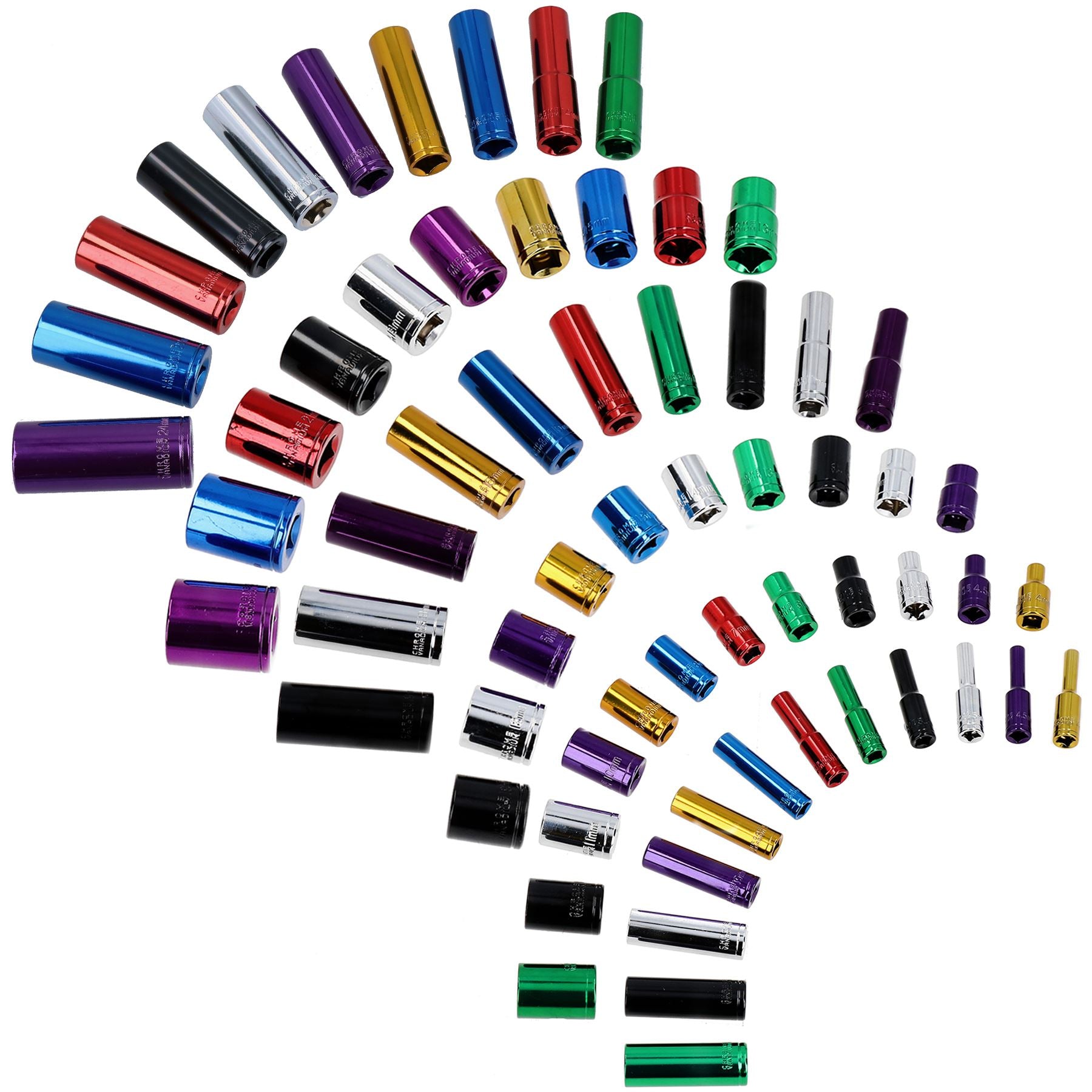 Douilles métriques 1/4" 3/8" + 1/2" profondes + peu profondes à code couleur 4 - 24 mm Kit 64 pièces