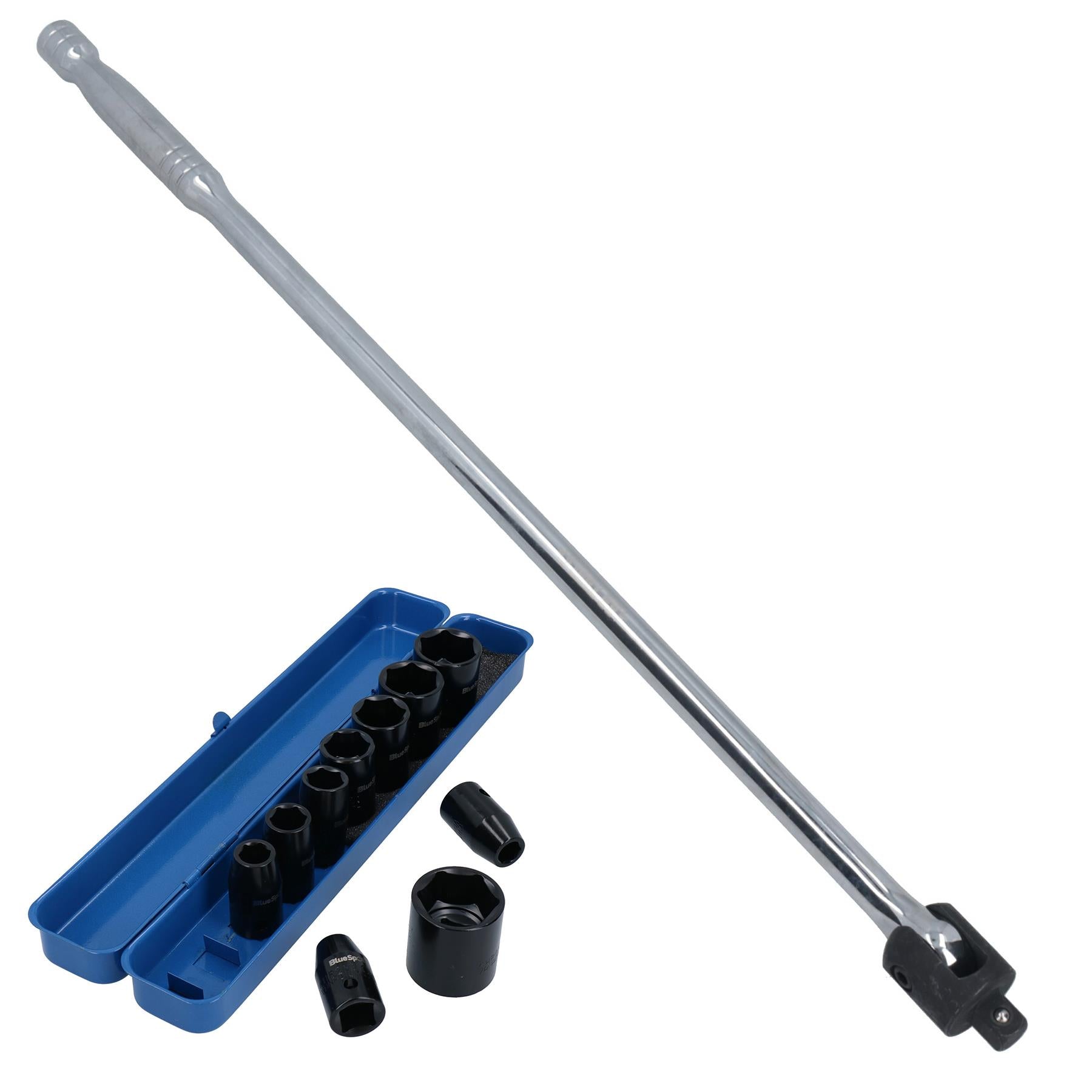 Flache, metrische Schlagnüsse mit 1/2-Zoll-Antrieb, 9 – 27 mm, 10-tlg. &amp; Brechstange mit 1/2-Zoll-Antrieb