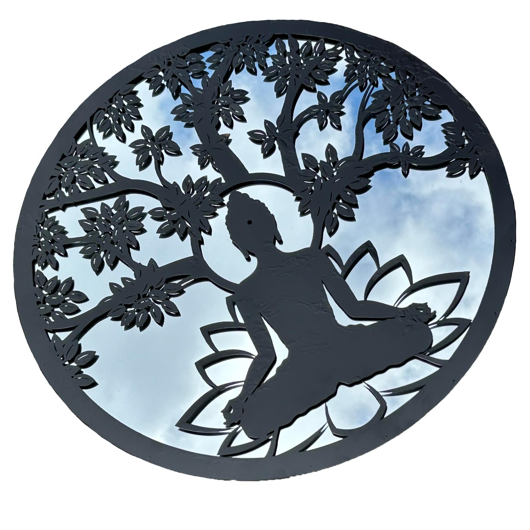 Miroir rond en métal noir représentant un arbre de Bouddha, décoration murale, cadeau pour la maison ou le jardin