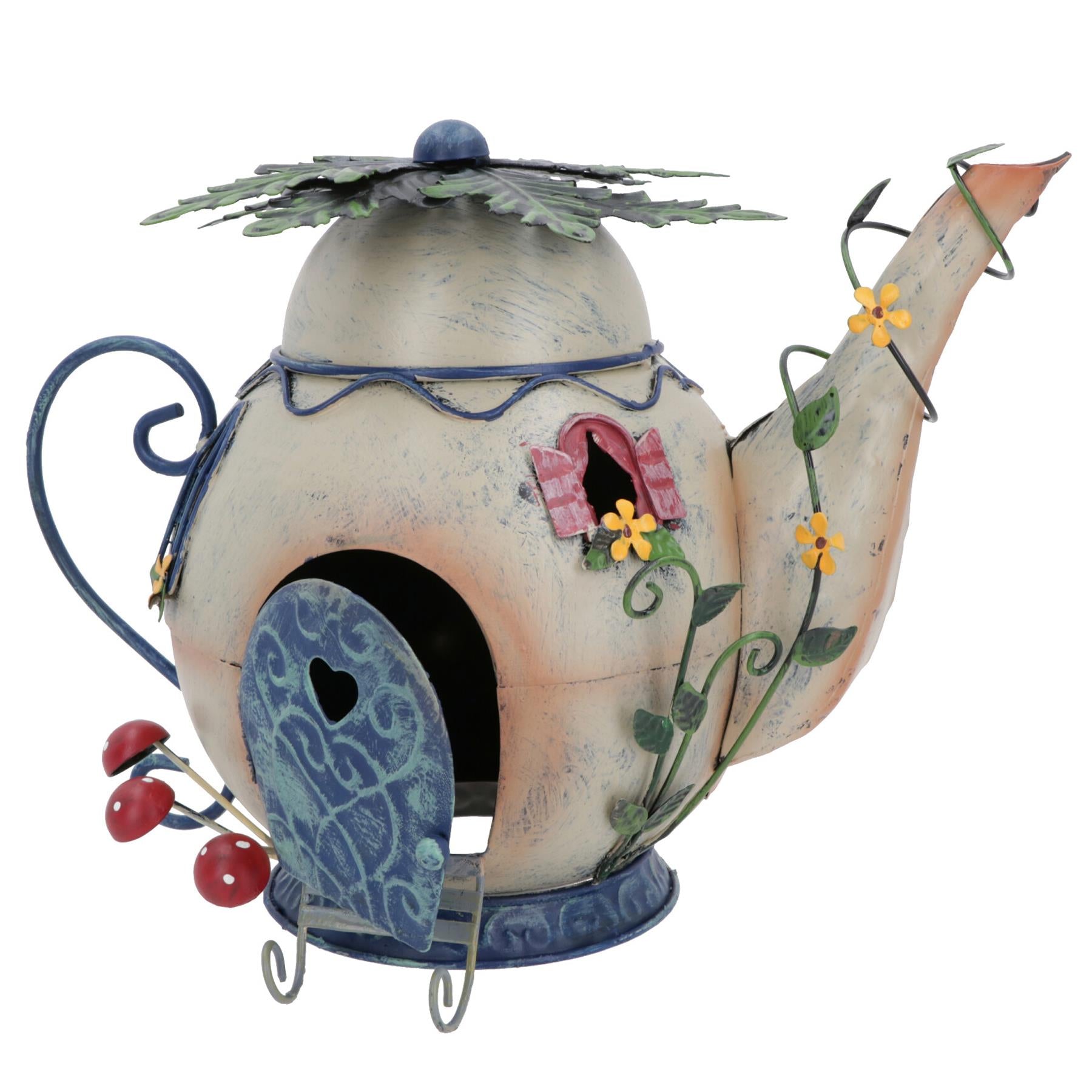 Fairy Teapot House Metal Statue Sculpture Home Decor Ornament Garden Yard