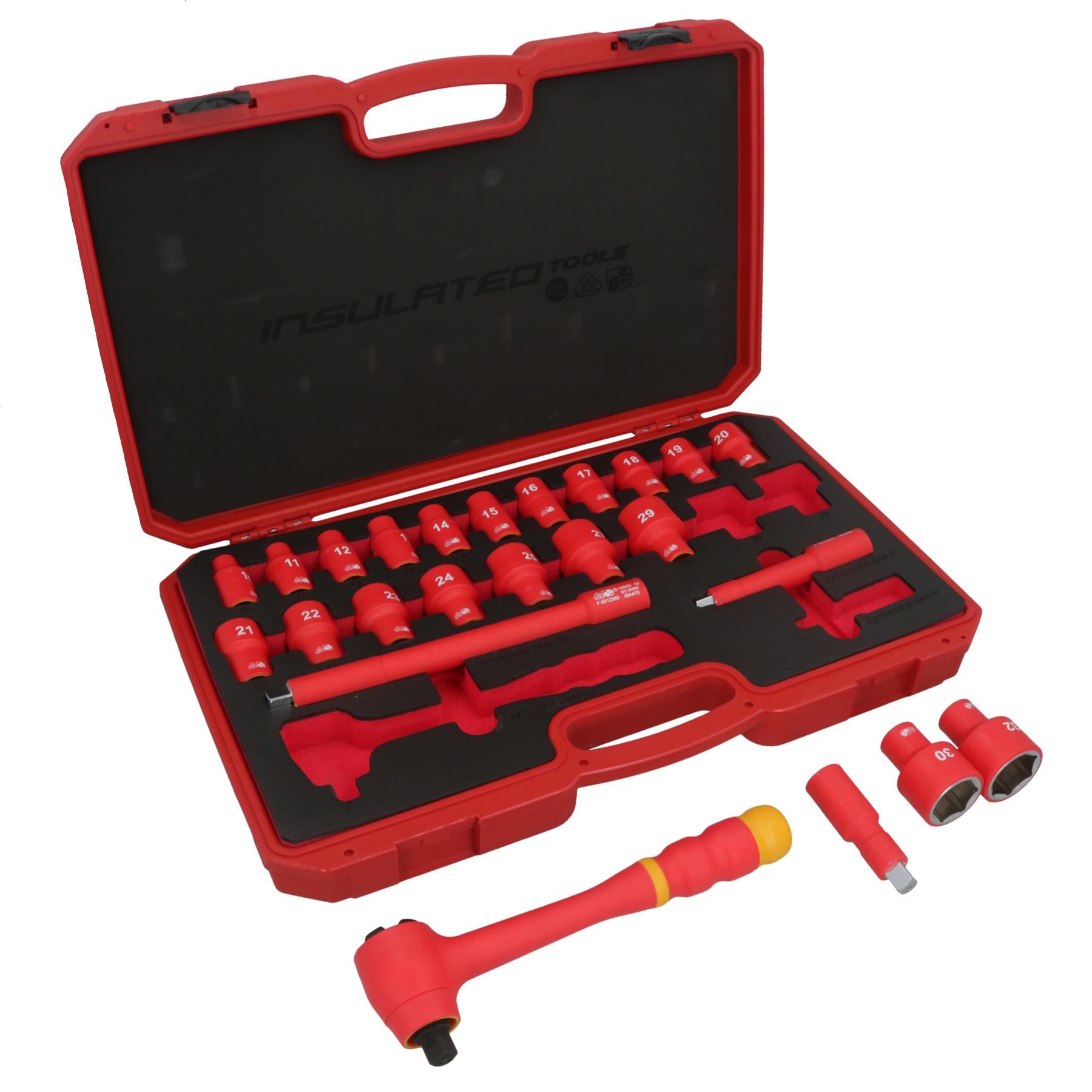 Kit de douilles et d'accessoires pour outils VDE isolés à entraînement 1/2" 24 pièces métriques homologuées GS