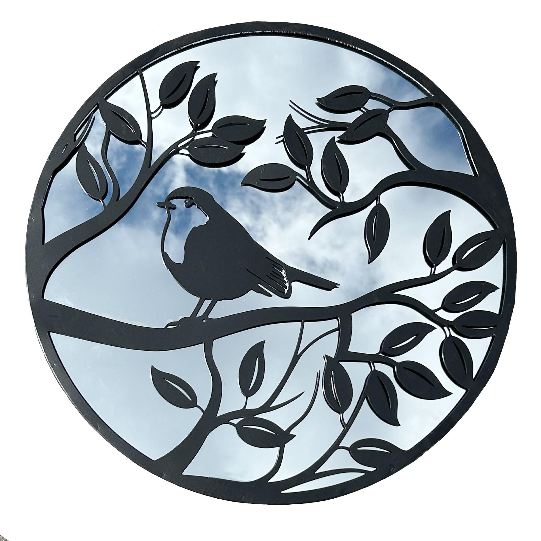 Black Metal Round Robin In Tree Mirror Wall Art Garden Home Gift