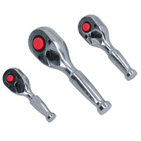 1/4in 3/8in and 1/2in Drive Stubby Headed Ratchet Socket Driver 90 Teeth 3pc
