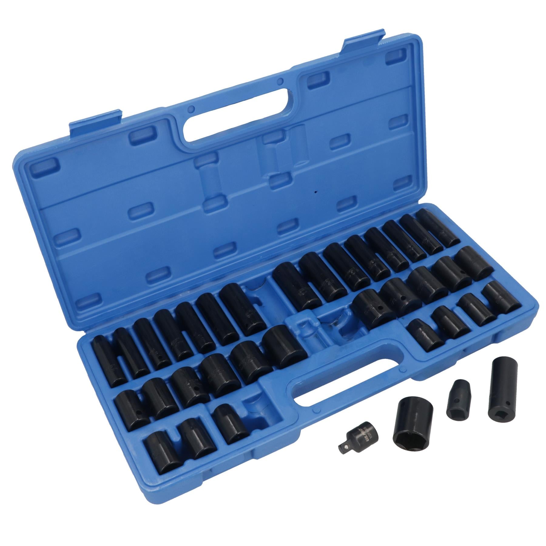 Metrische und imperiale Schlag-Steckschlüsseleinsätze für flache und tiefe Schnitte, 3/8"- und 1/2"-Antrieb, 37-tlg.
