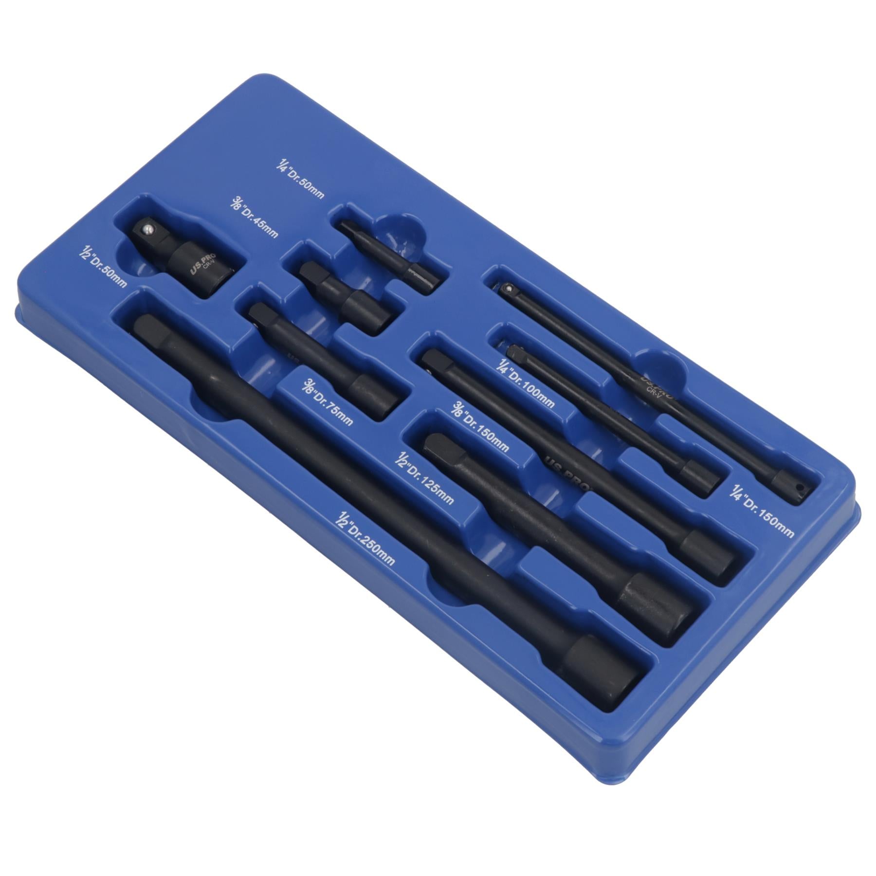9-tlg. Steckschlüssel-Verlängerungssatz mit gemischtem Antrieb, 1/4 Zoll, 3/8 Zoll, 1/2 Zoll Antrieb